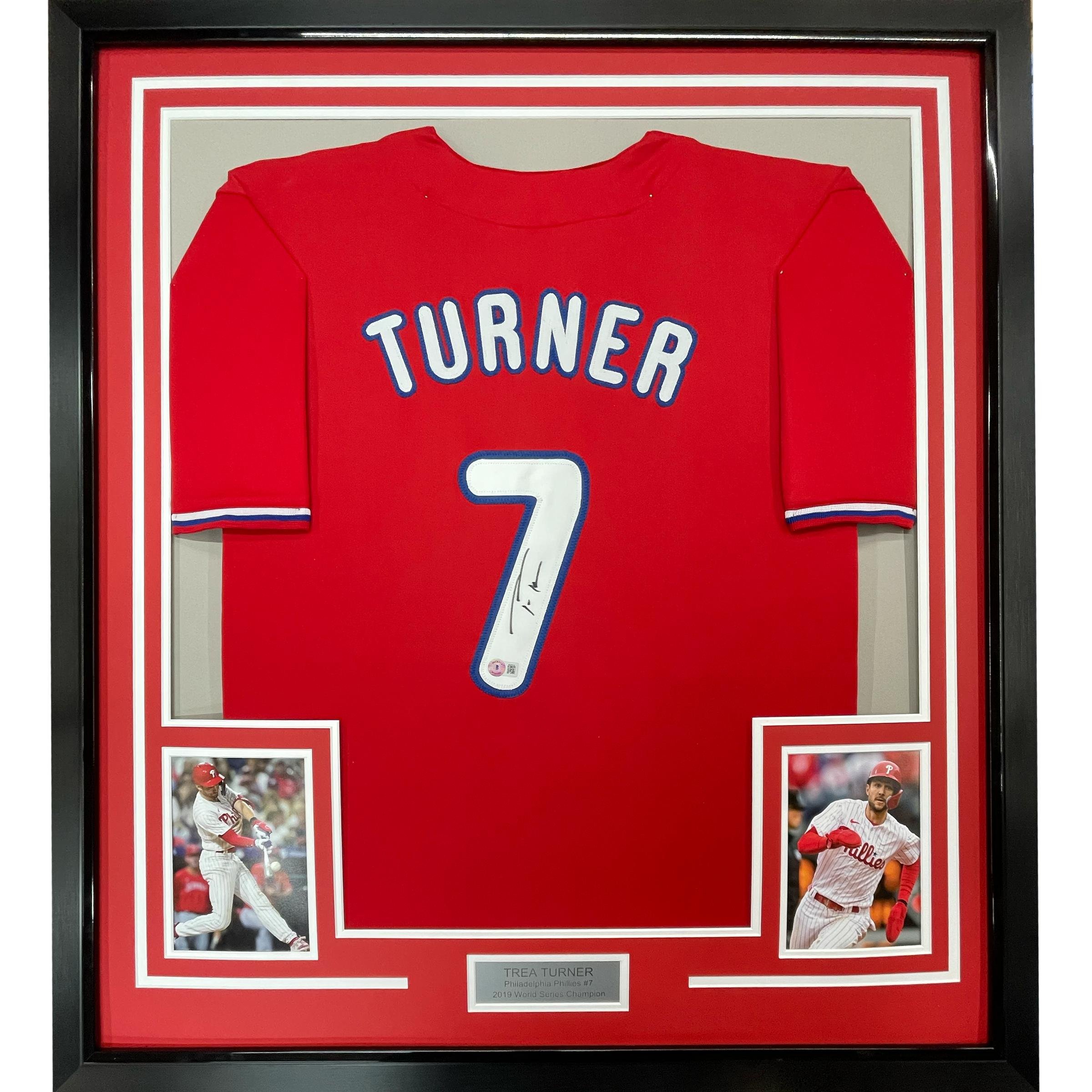 Framed Autographed/Signed Trea Turner 35x39 Philadelphia Red Jersey Beckett BAS