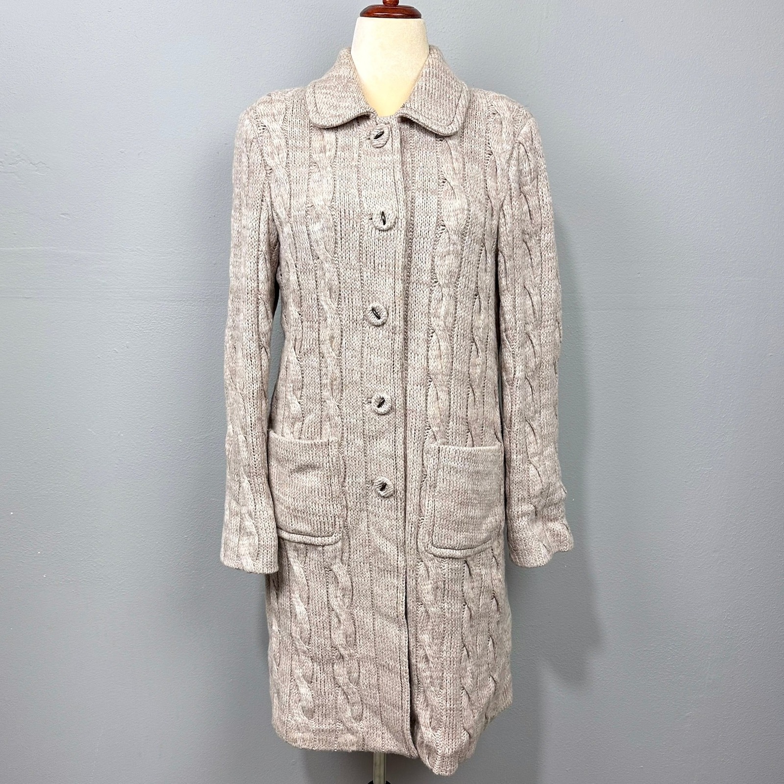 Worth New York Wool Cable Knit Cardigan Sweater Coat Size L Twee Heritage Cozy