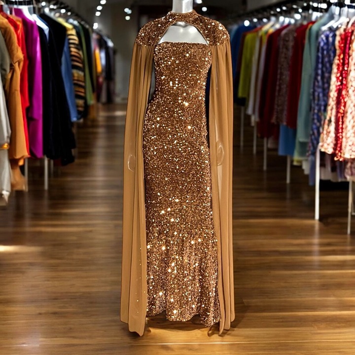 Dressalisa Gold Sequinned Strapless Gown With Sheer Cape Overlay S