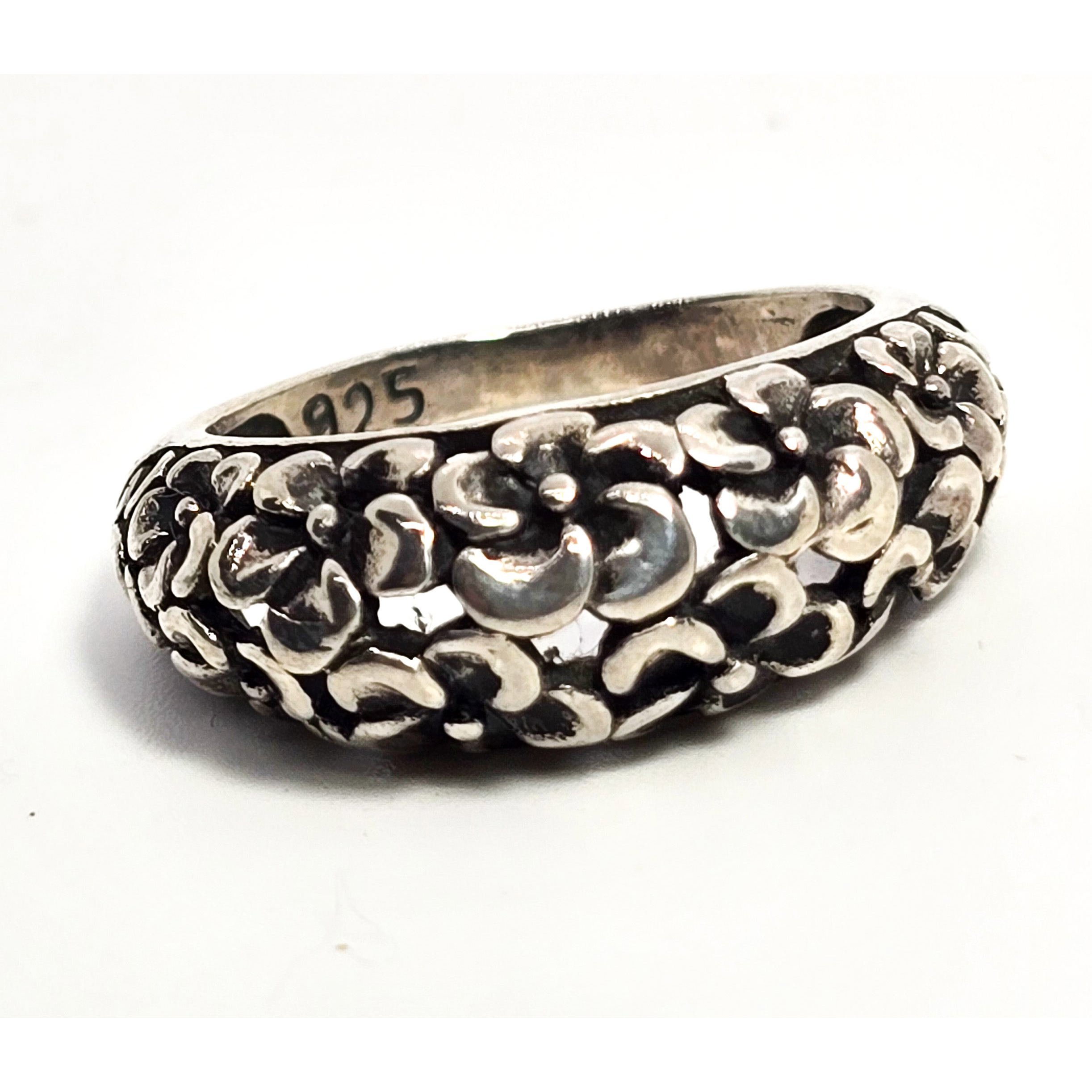 Frangipani Plumeria open work sterling silver domed flower ring band size 7