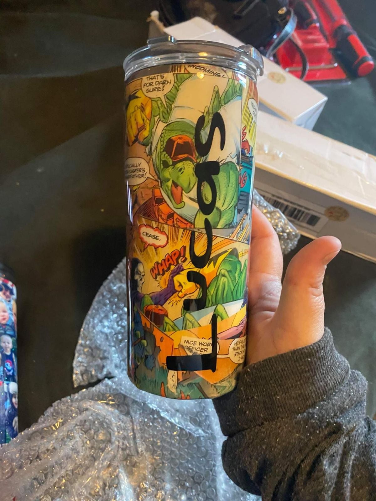 Dino themed comic book style 15 oz kids tumbler cup