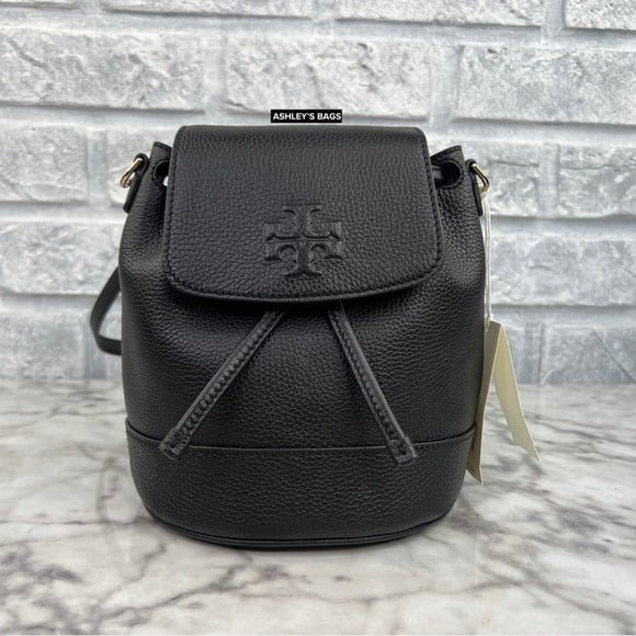 Tory Burch Mini Thea Pebbled Leather Bucket Backpack In Black
