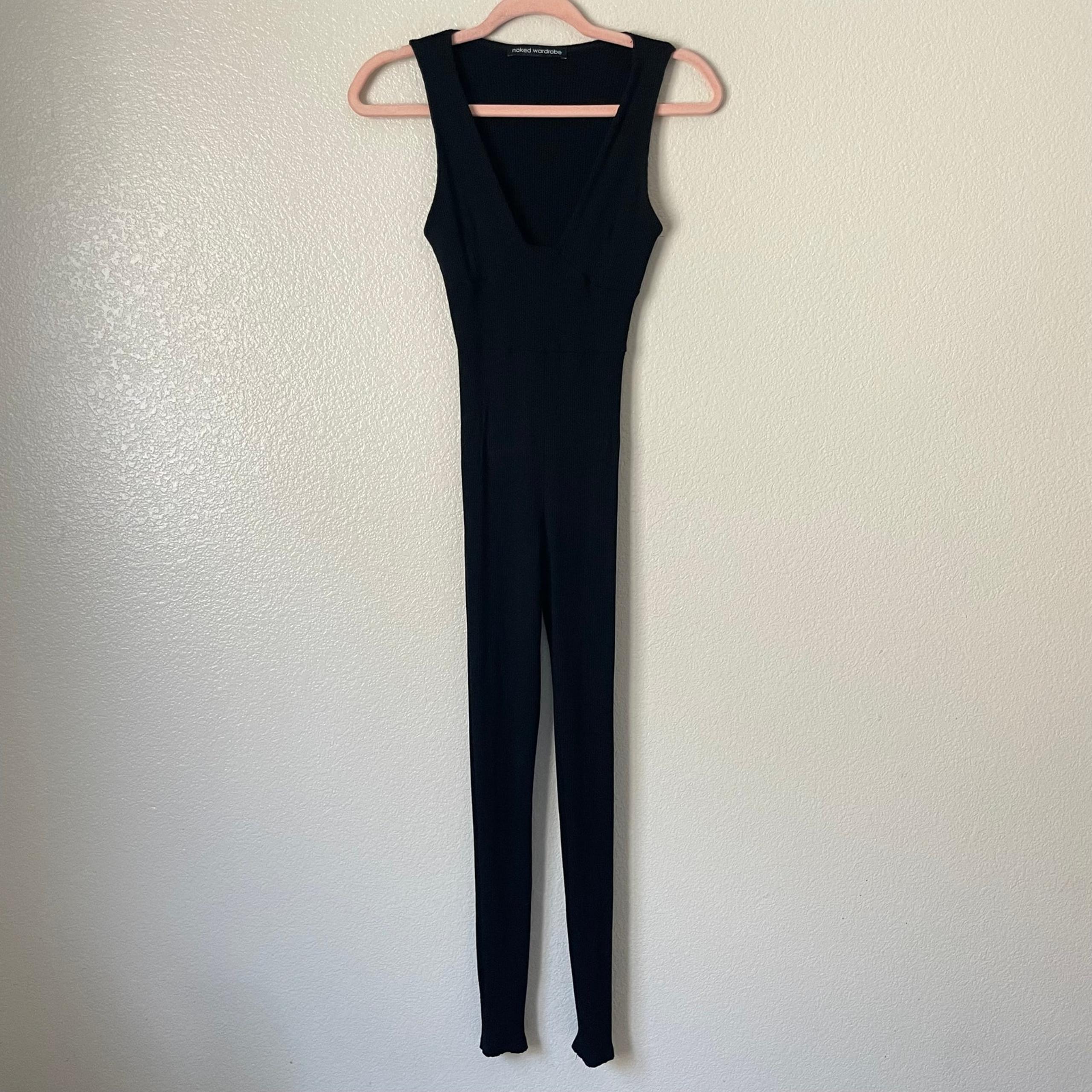 Naked Wardrobe Jumpsuit Womens Medium Black Tank Ribbed Knit Scoop Neck Stretch