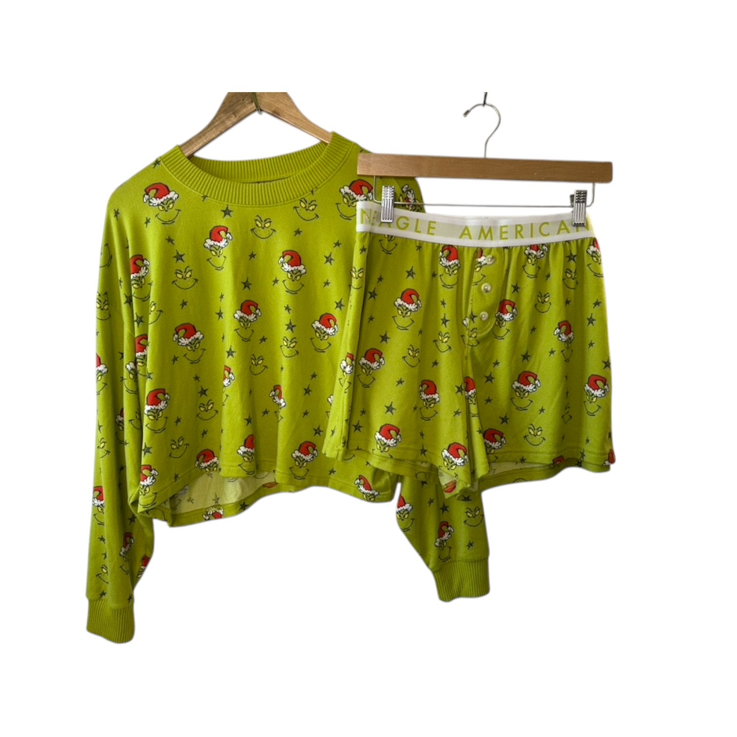 American Eagle Green GRINCH Stretch Plush Pajama Set Relaxed Fit Top Large New
