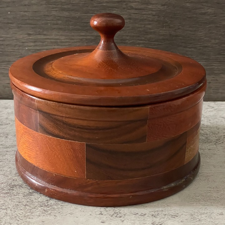 Vintage Artisan Crafted Turned Wood Mosaic Round Lidded 5 Trinket Storage Box