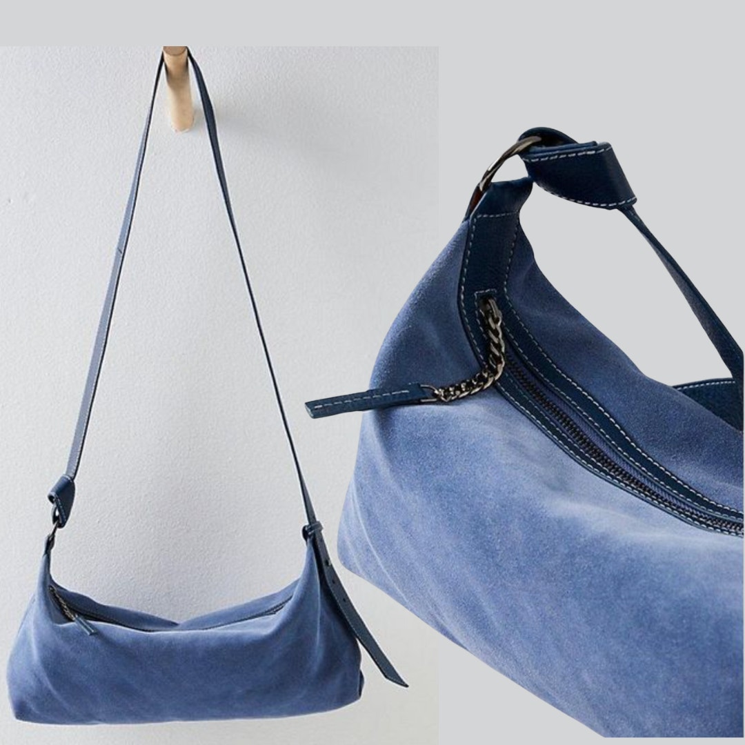 NEW Free People Women's Slate Blue Suede Plot Twist Crossbody Hobo Bag MSRP 98