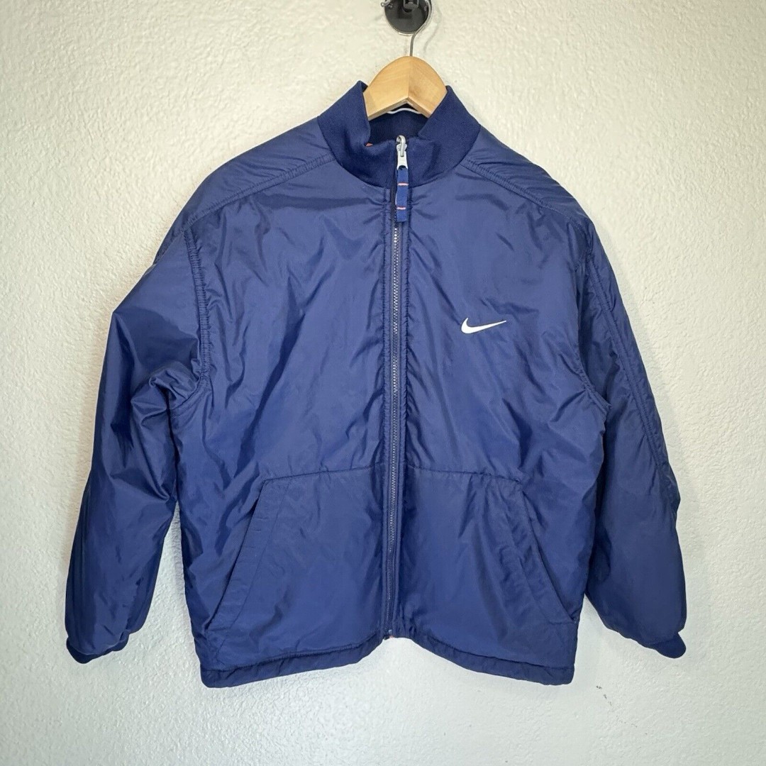 VTG Nike Jacket Women L Navy Orange Bomber Reversible Zip Back Logo Gorpcore Y2K