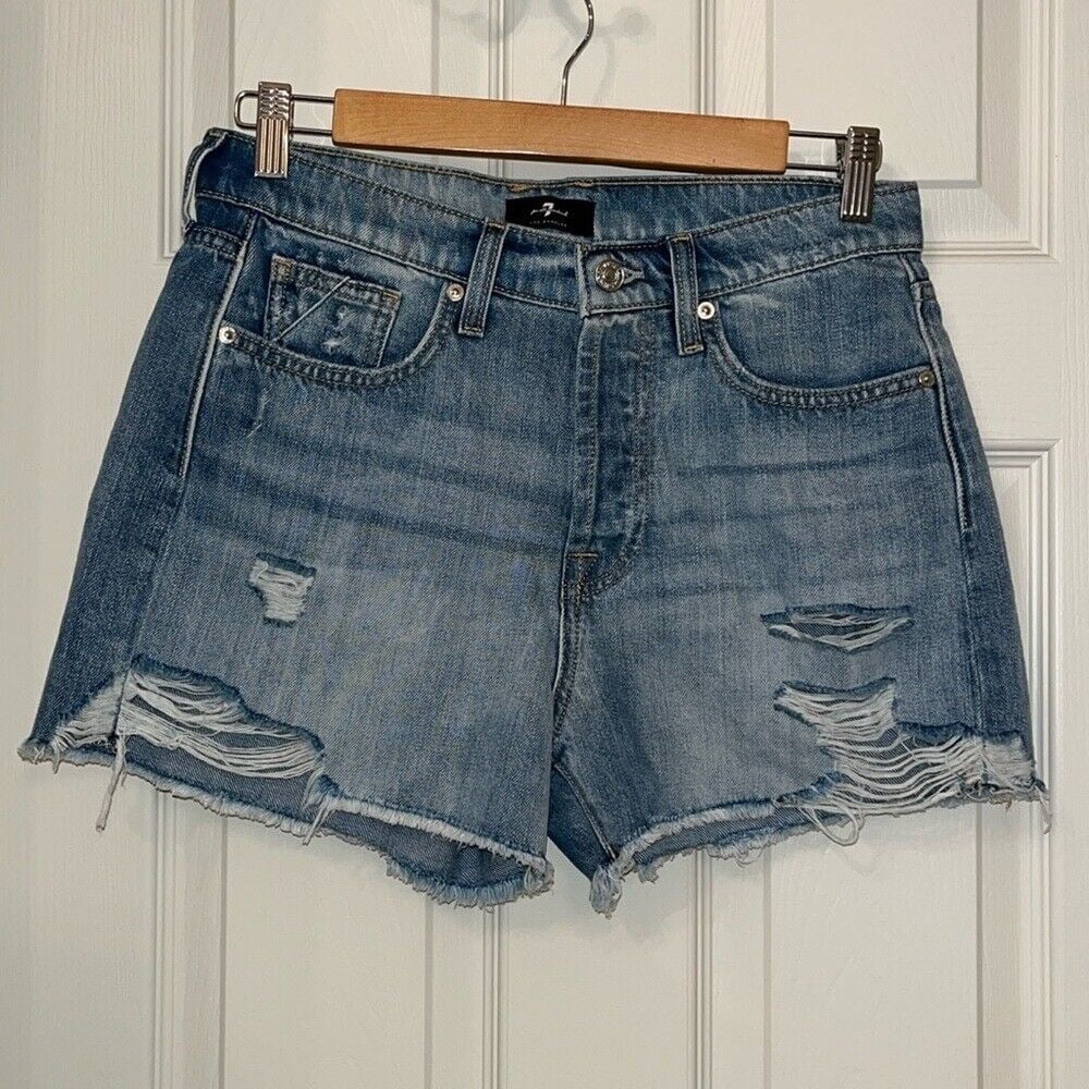 7 For All Mankind Women's Distressed Monroe Cut Off Jean Shorts Sz 27 Button Fly