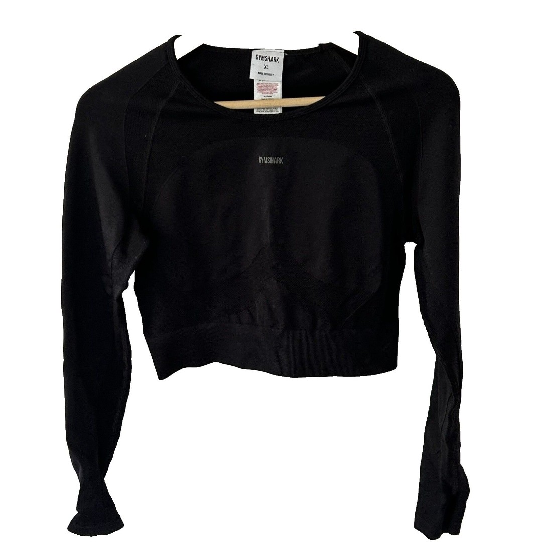 Gymshark Flex Long Sleeve Crop Top Size XL Black Cutout Stretch Logo Athletic
