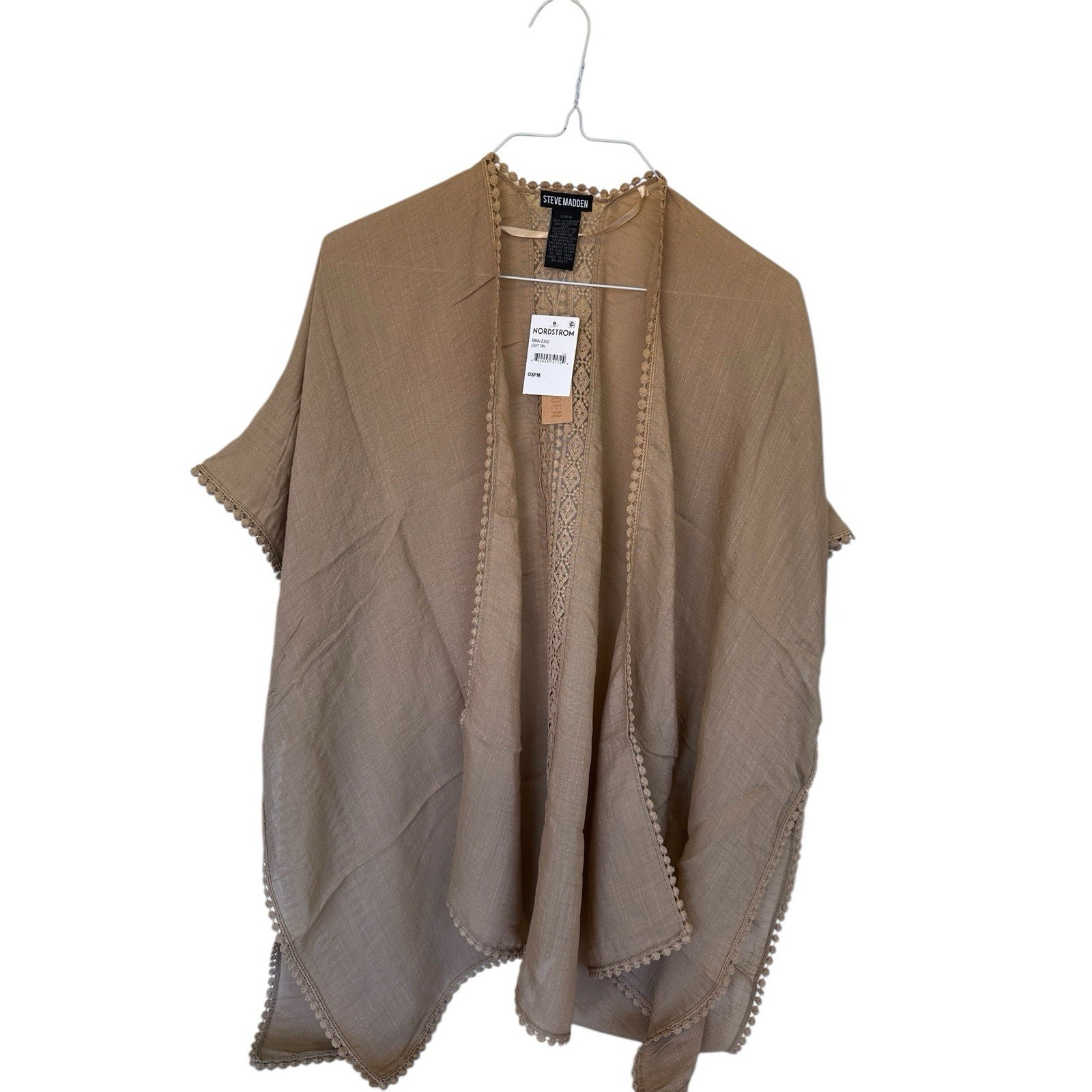 Steve Madden Lace Inset Ruana One Size Light To Medium Tan Sheer New With Tags