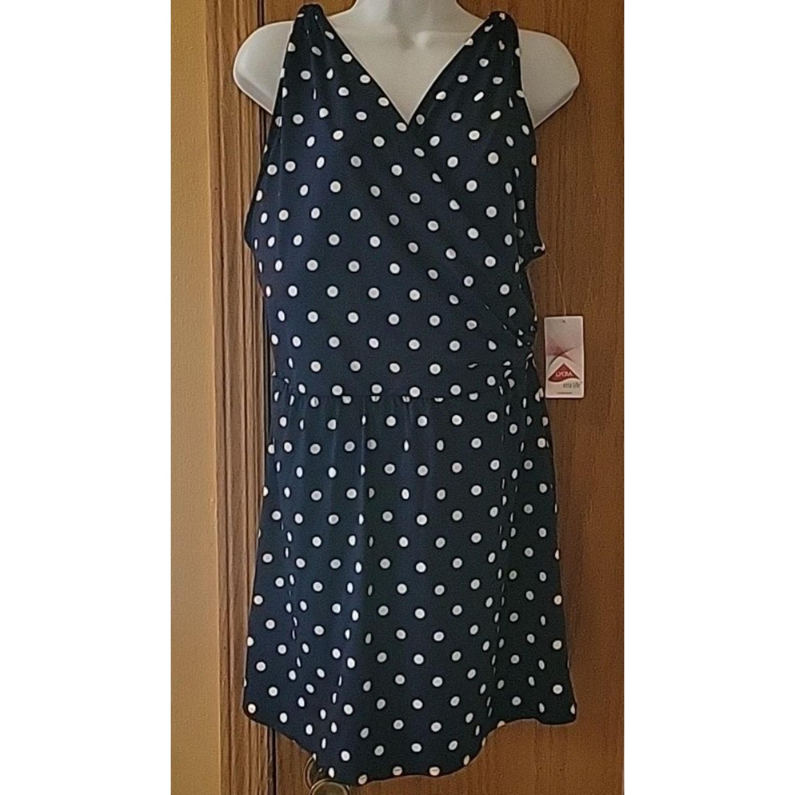 Lands' End 18W Navy Dresskini Swimsuit Wrap Dress Polka Dot Padded Bra 1X S501