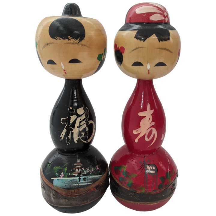 Japanese Kokeshi Bobble Head Wooden Doll Pair Couple Handmade Set of 2 Vtg 6