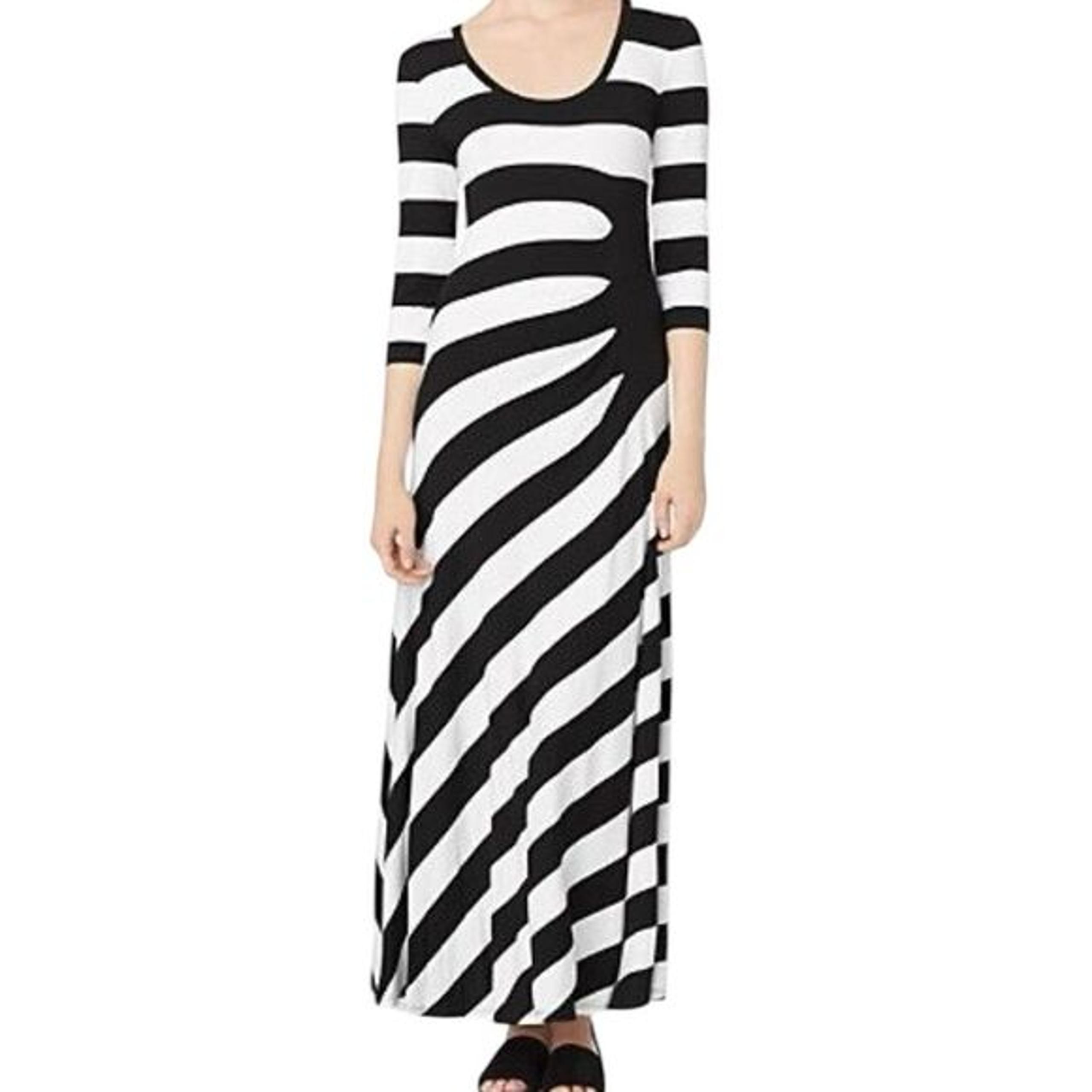 Calvin Klein Women's Half Moon Black & White Striped Maxi Dress 3/4 Sleeve