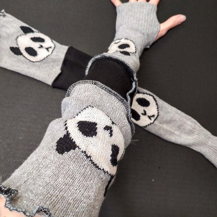 Sweater Arm Warmers Gray Panda Knit Gloves Black Sleeves Covers Animal Gift Goth