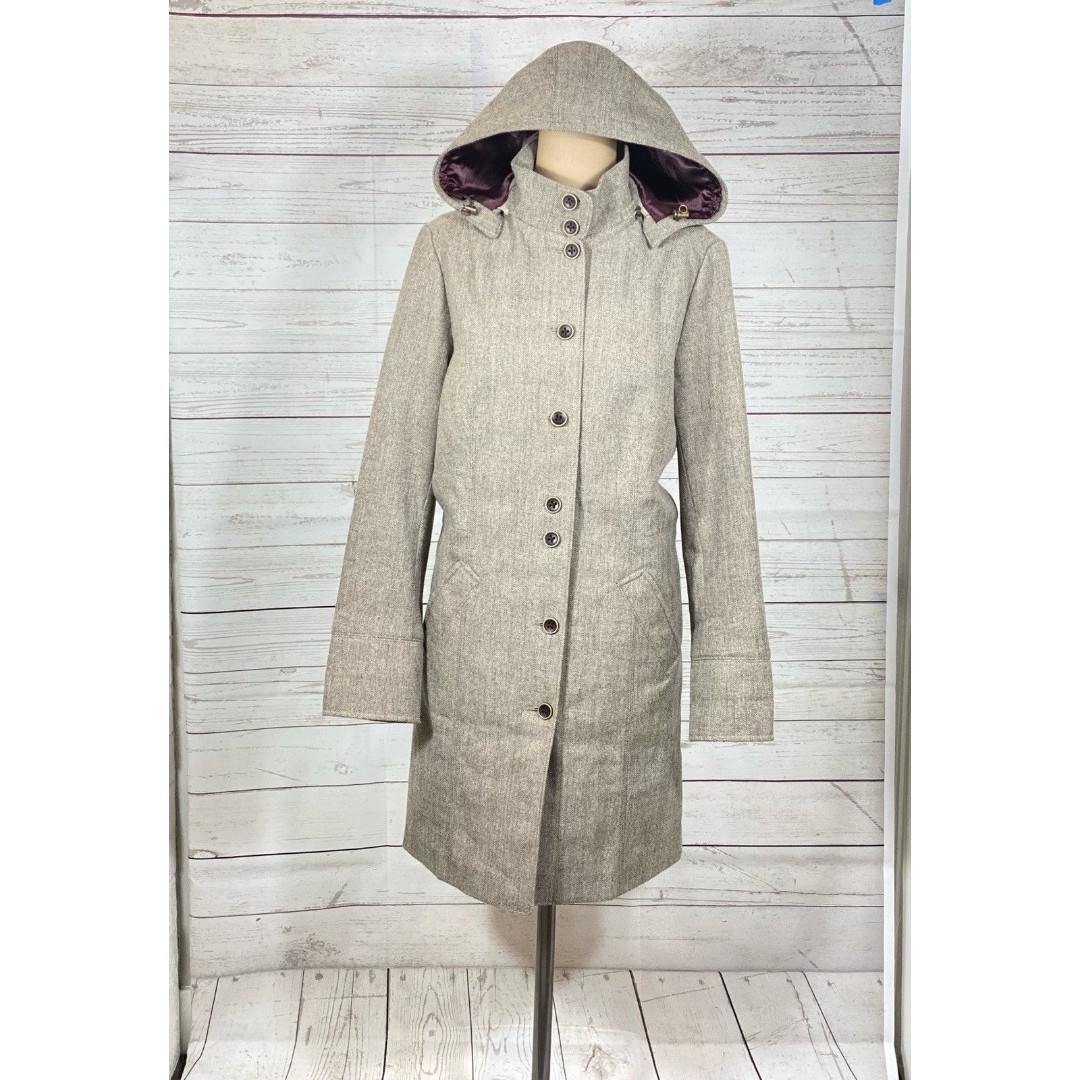 Eddie Bauer Brown Tweed Herringbone Hooded Button Up Overcoat Women’s Size Small