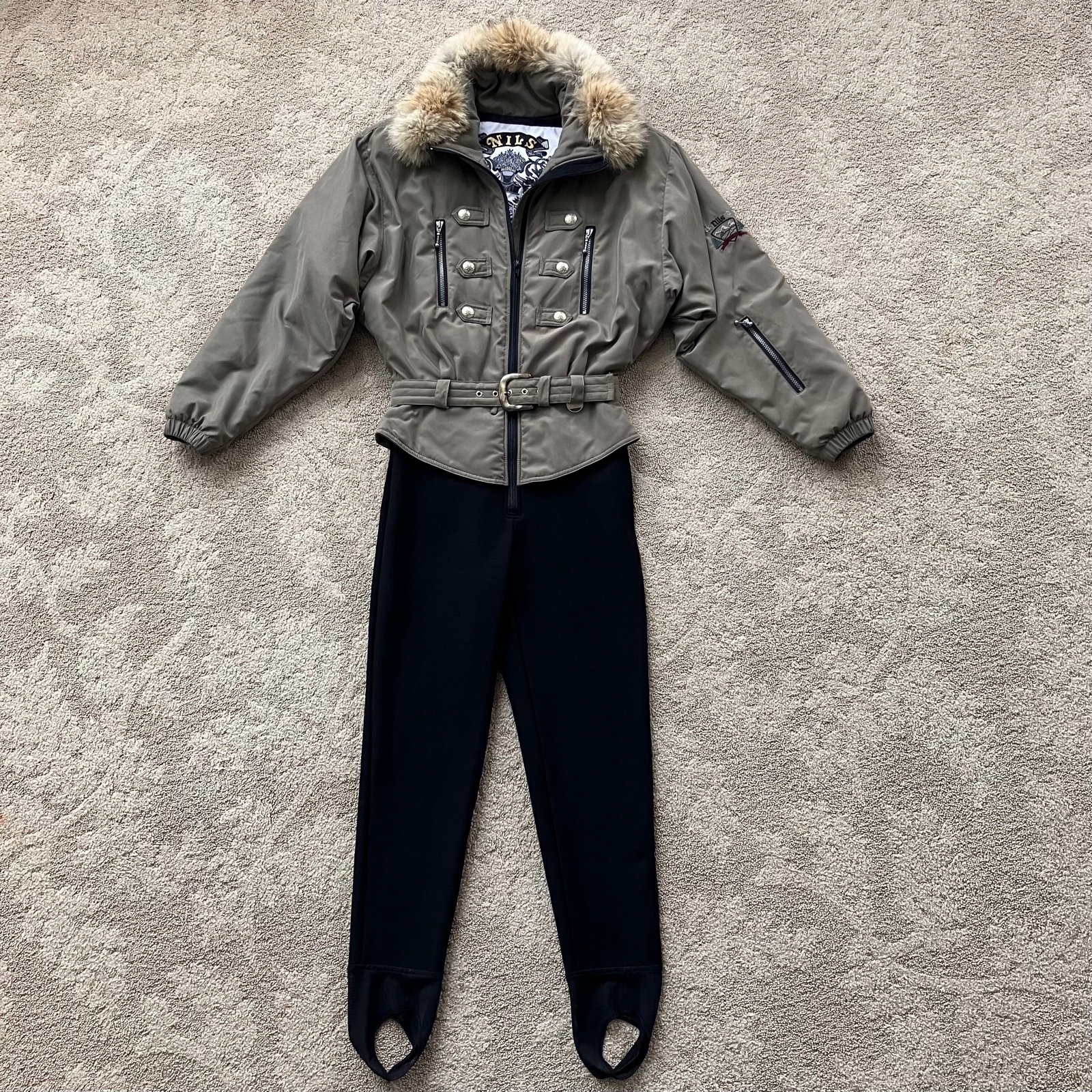 NILS Vintage Skiwear Ski Suit One Piece Snowsuit Snow Bunny Bib Fur Collar Retro
