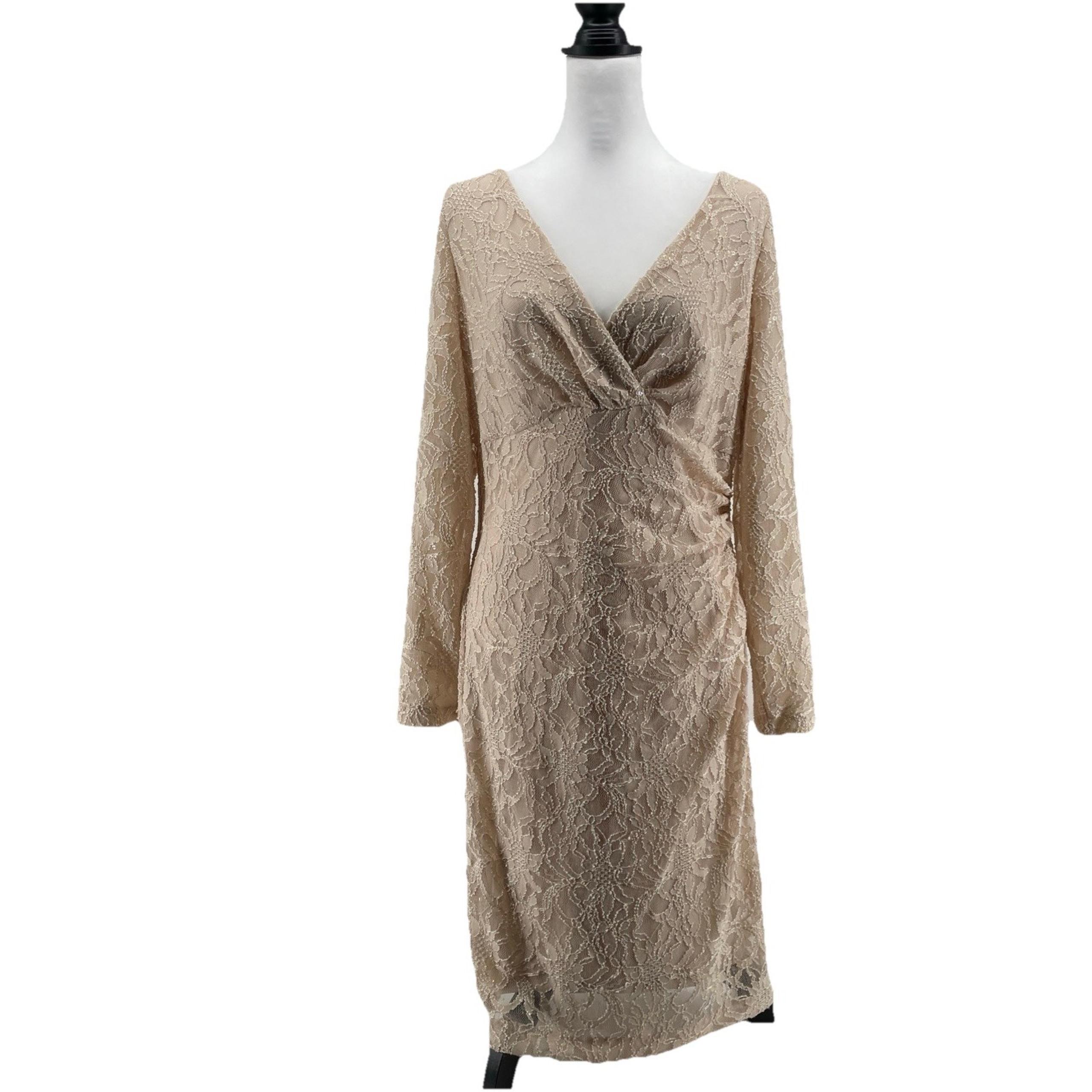 Lauren Ralph Lauren Midi Dress Sz 14 Champagne Lace Faux Wrap Cocktail Wedding