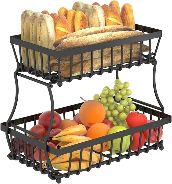 2 Tier Countertop Fruit Basket for Kitchen, Detachable Metal Organizer