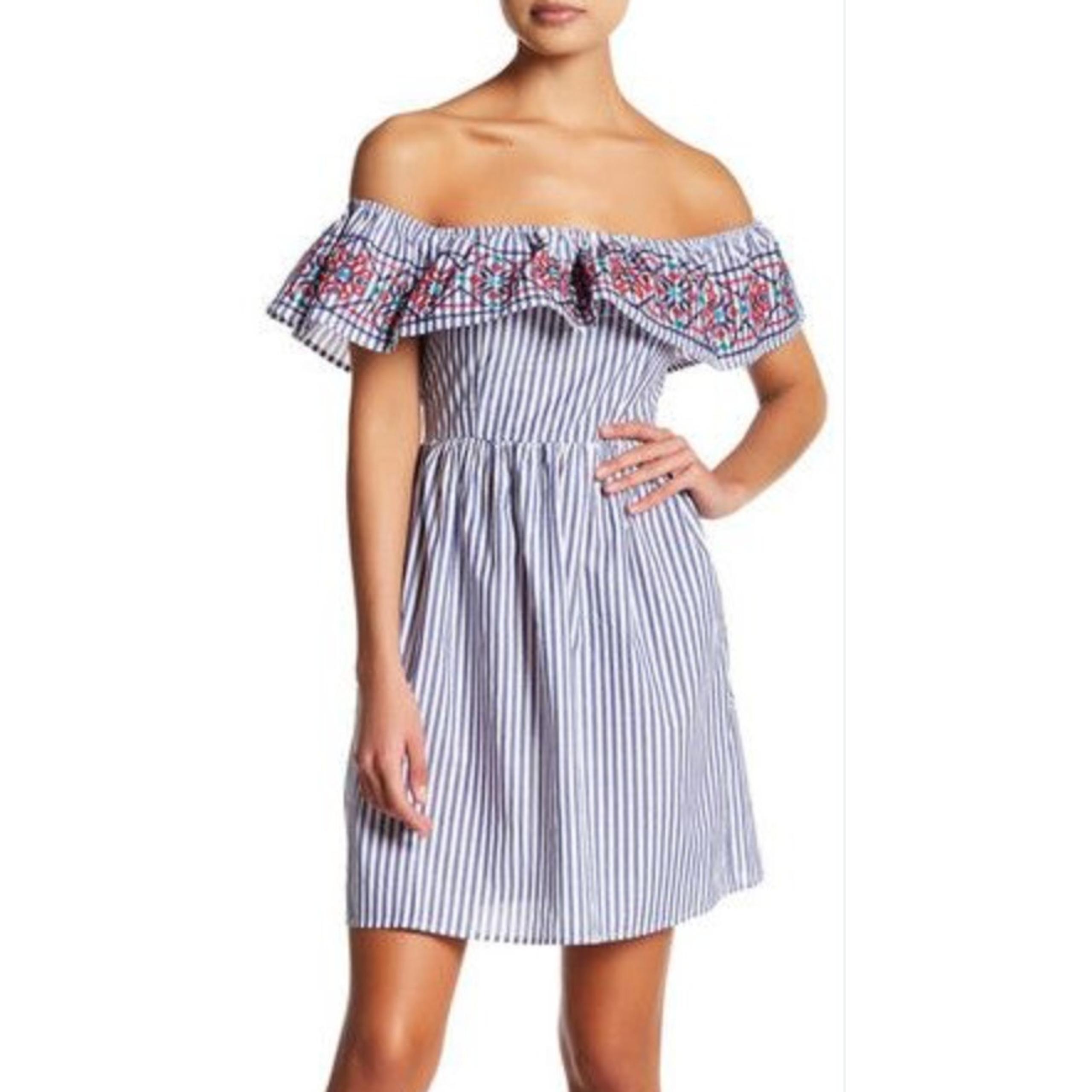 Flying Tomato Embroidered Off Shoulder Dress Blue Striped Short Sleeve Size M
