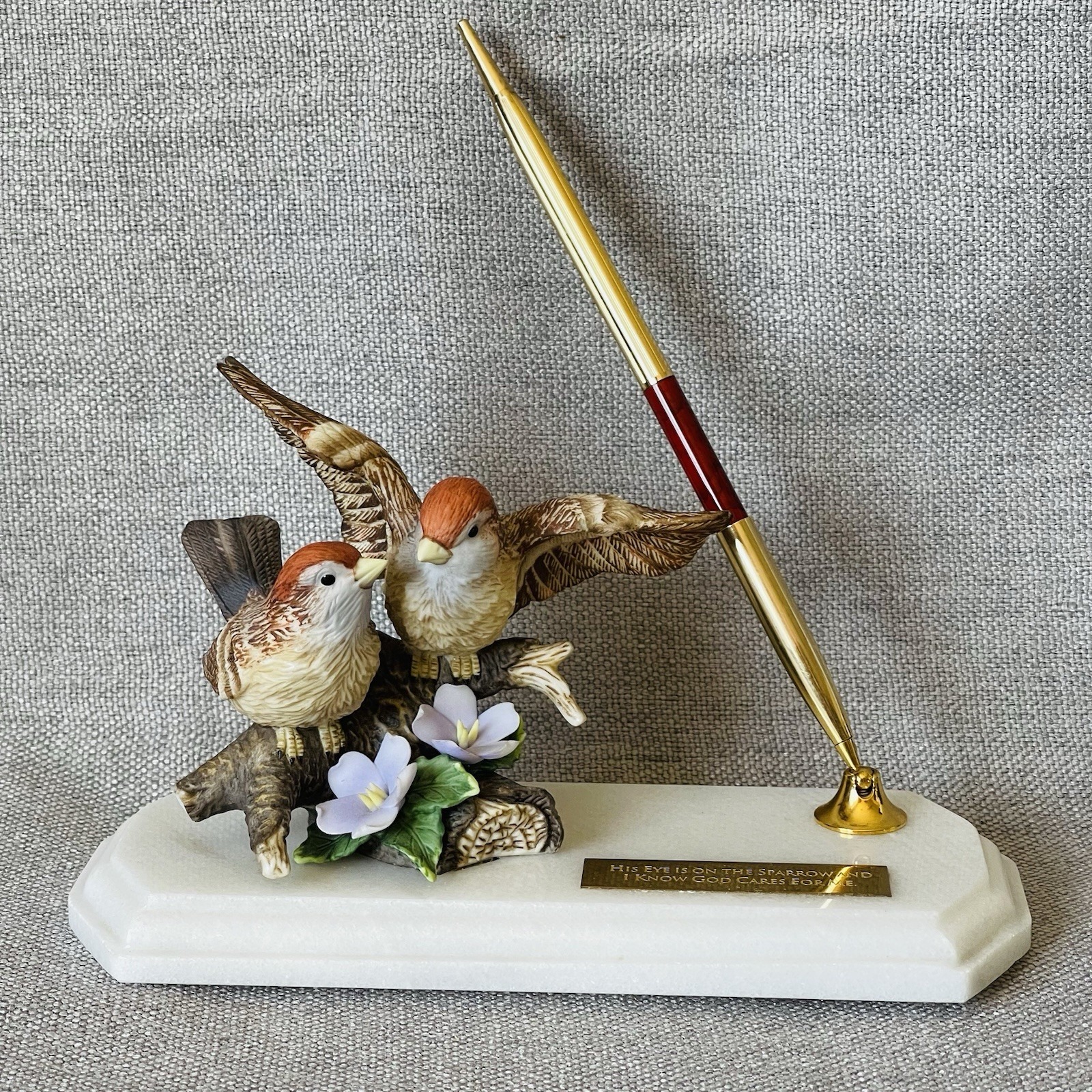 Vtg Porcelain Sparrow Pen Holder Figurine Marble Base Bible Verse God Cares