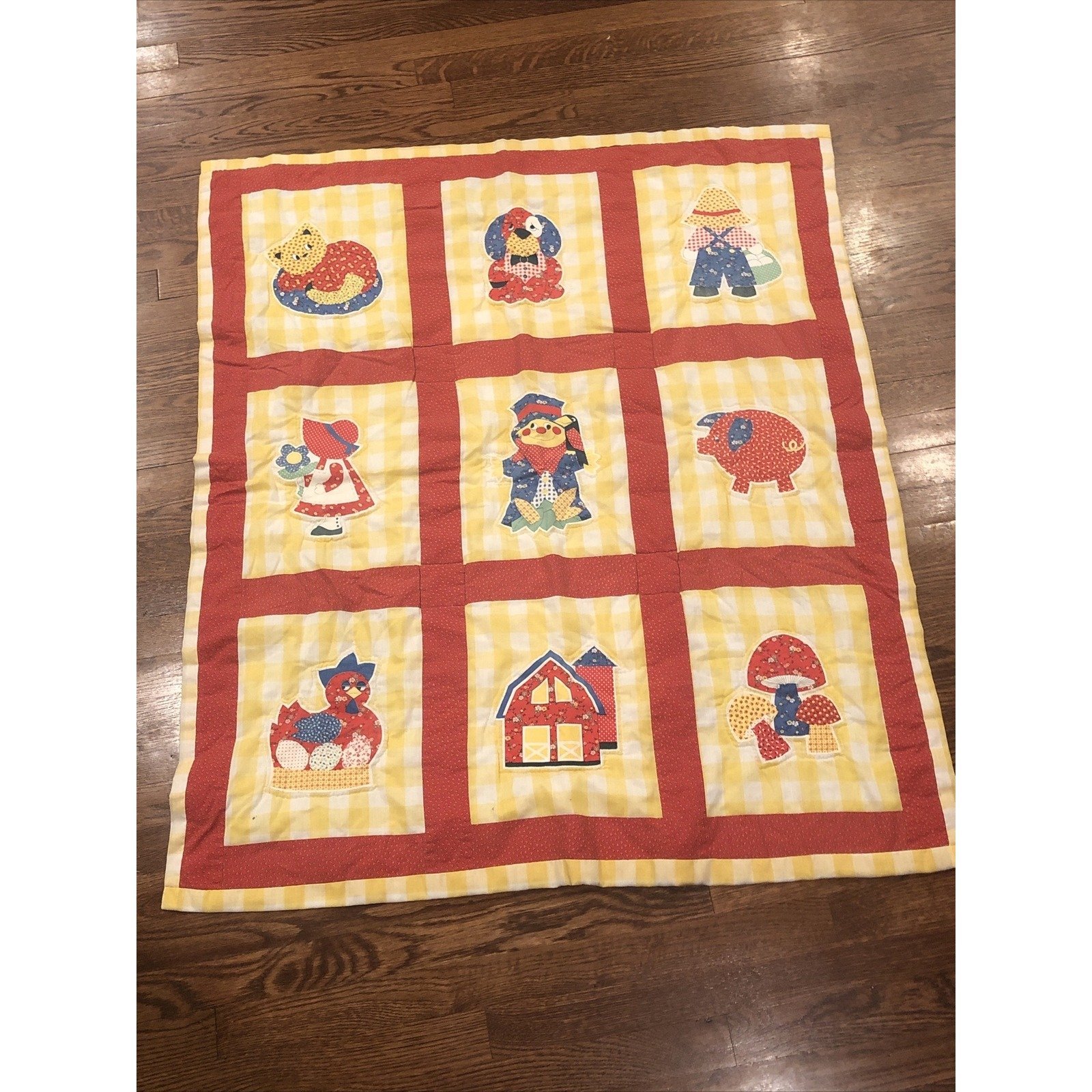 Handmade Baby Quilt Scarecrow And Friends Farmhouse Mushrooms Barn 41 X 47