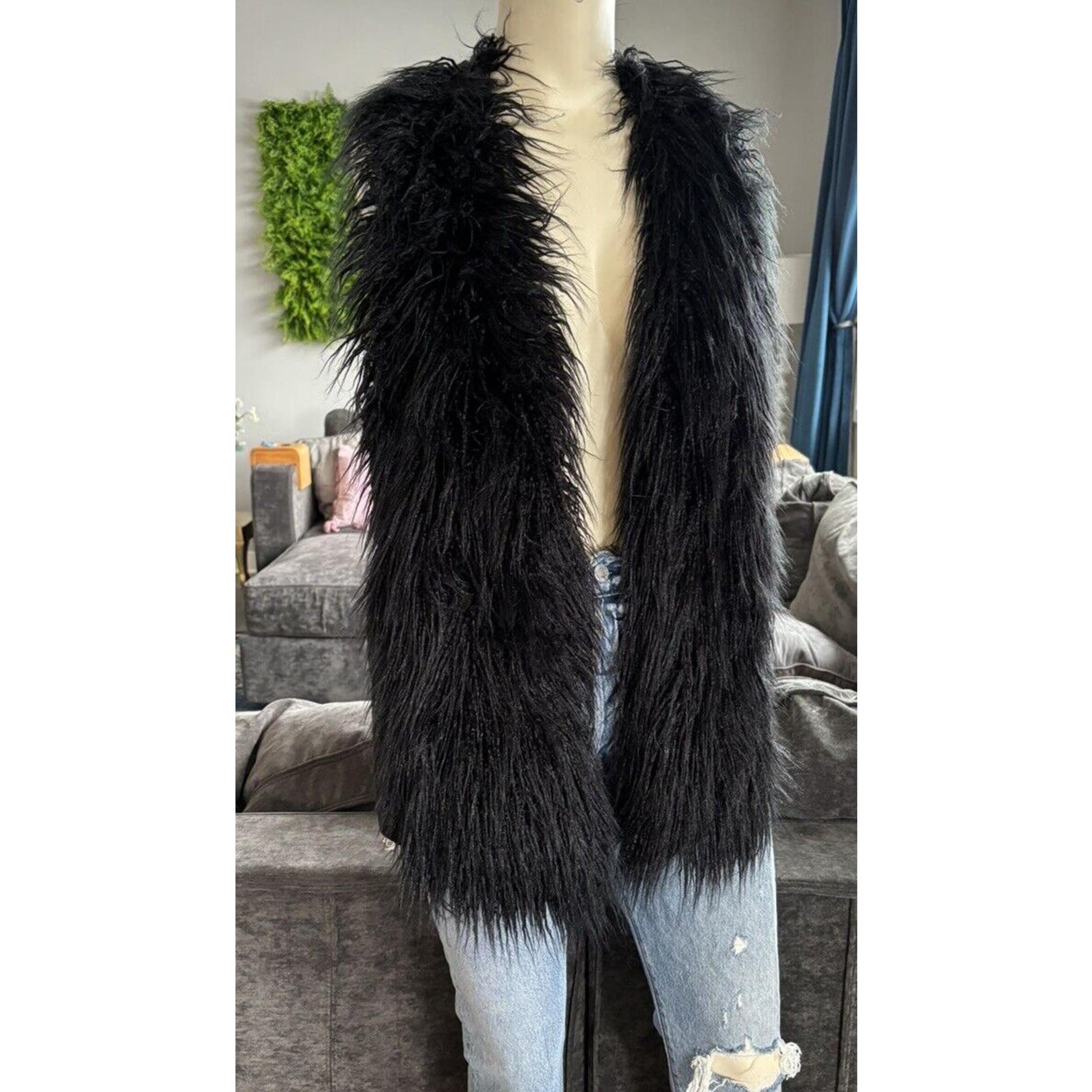 CAbi Black Faux Fur Vest Size S Open Draped High Low