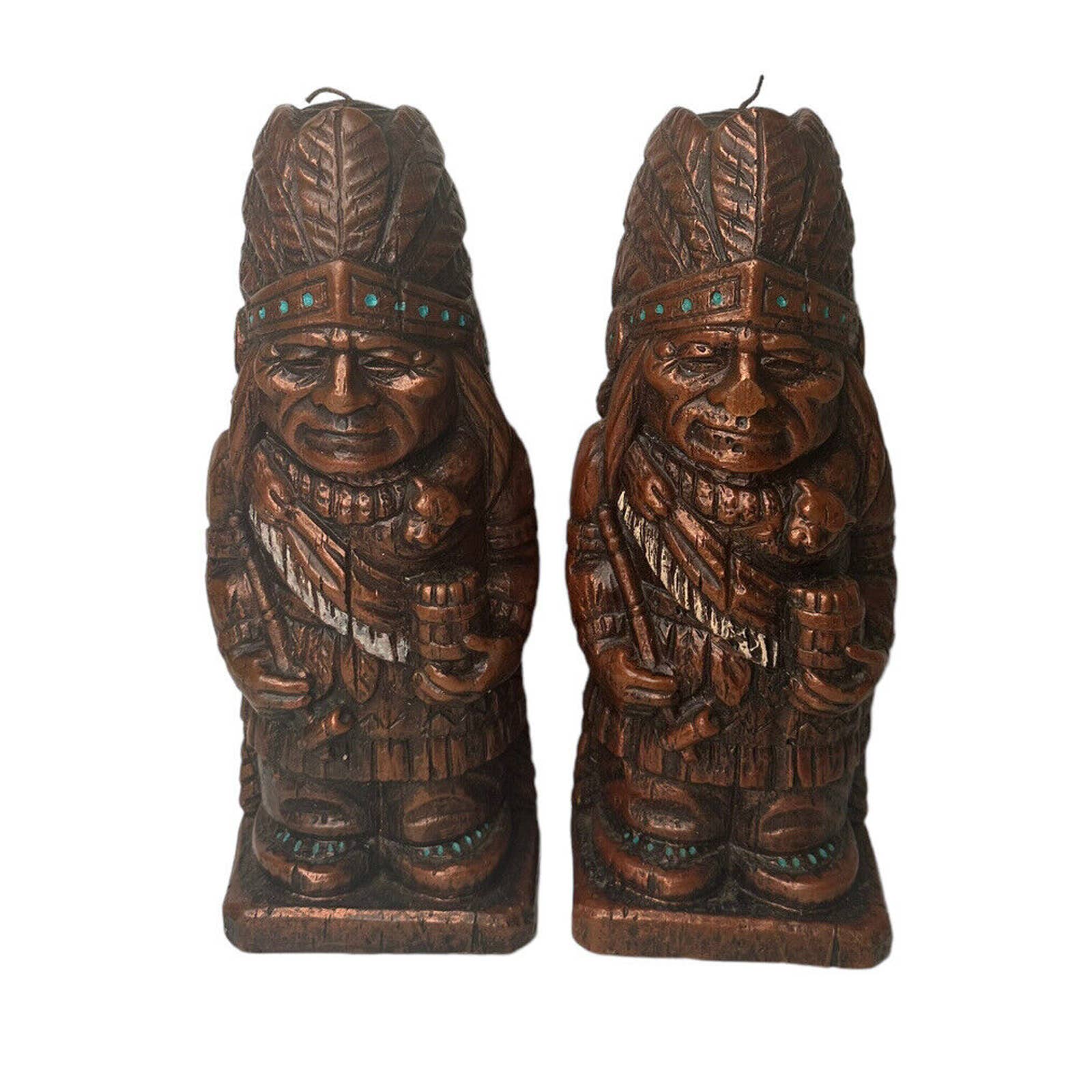 Vintage Set of 2 Carved Wood Look American Indian Candle Statues Brown 14.5