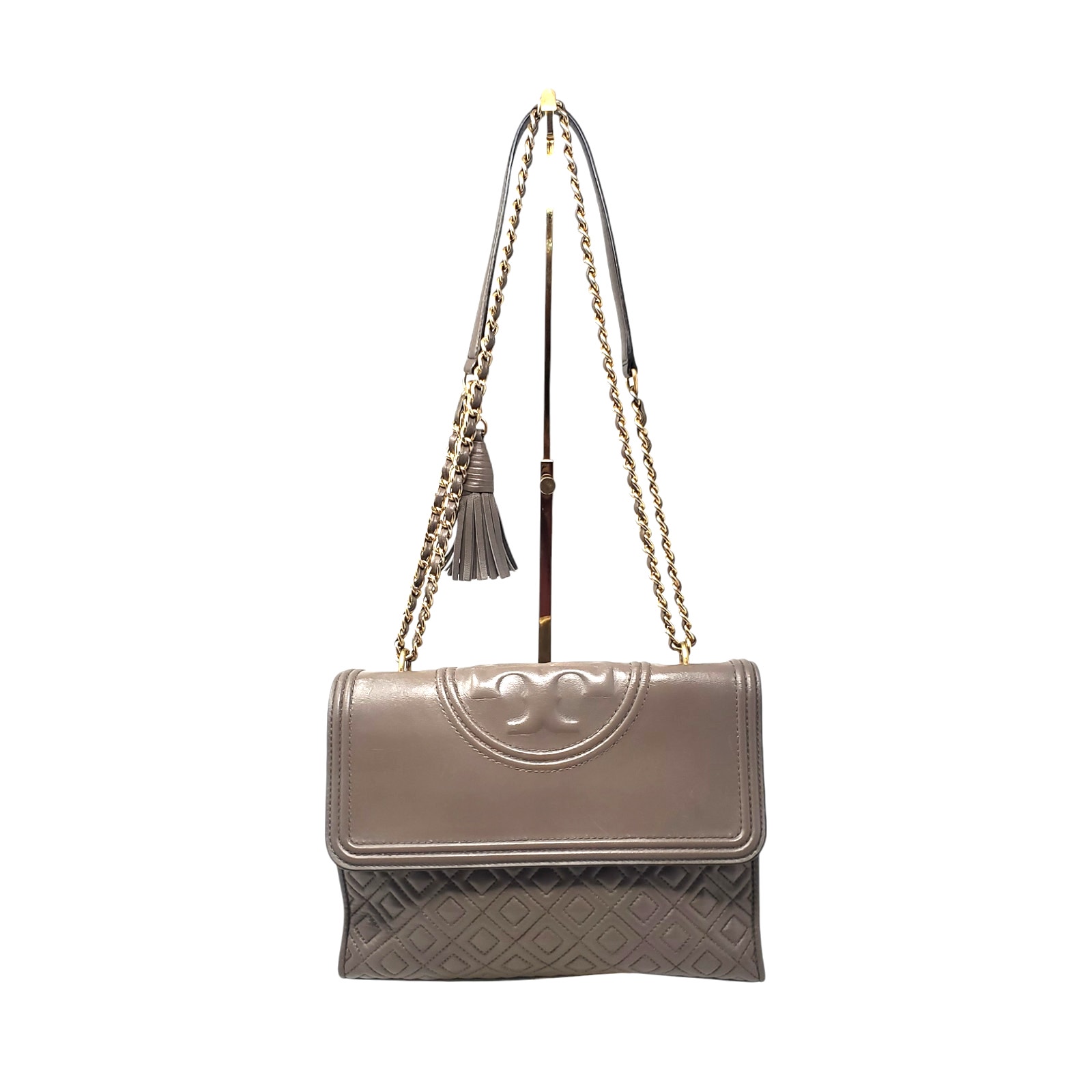 Tory Burch Fleming Convertible Shoulder Bag Crossbody Leather Gray Taupe