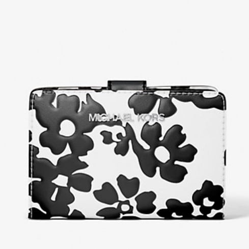 Michael Kors Jet Set Medium Floral Print Bi-Fold Wallet Black NWT