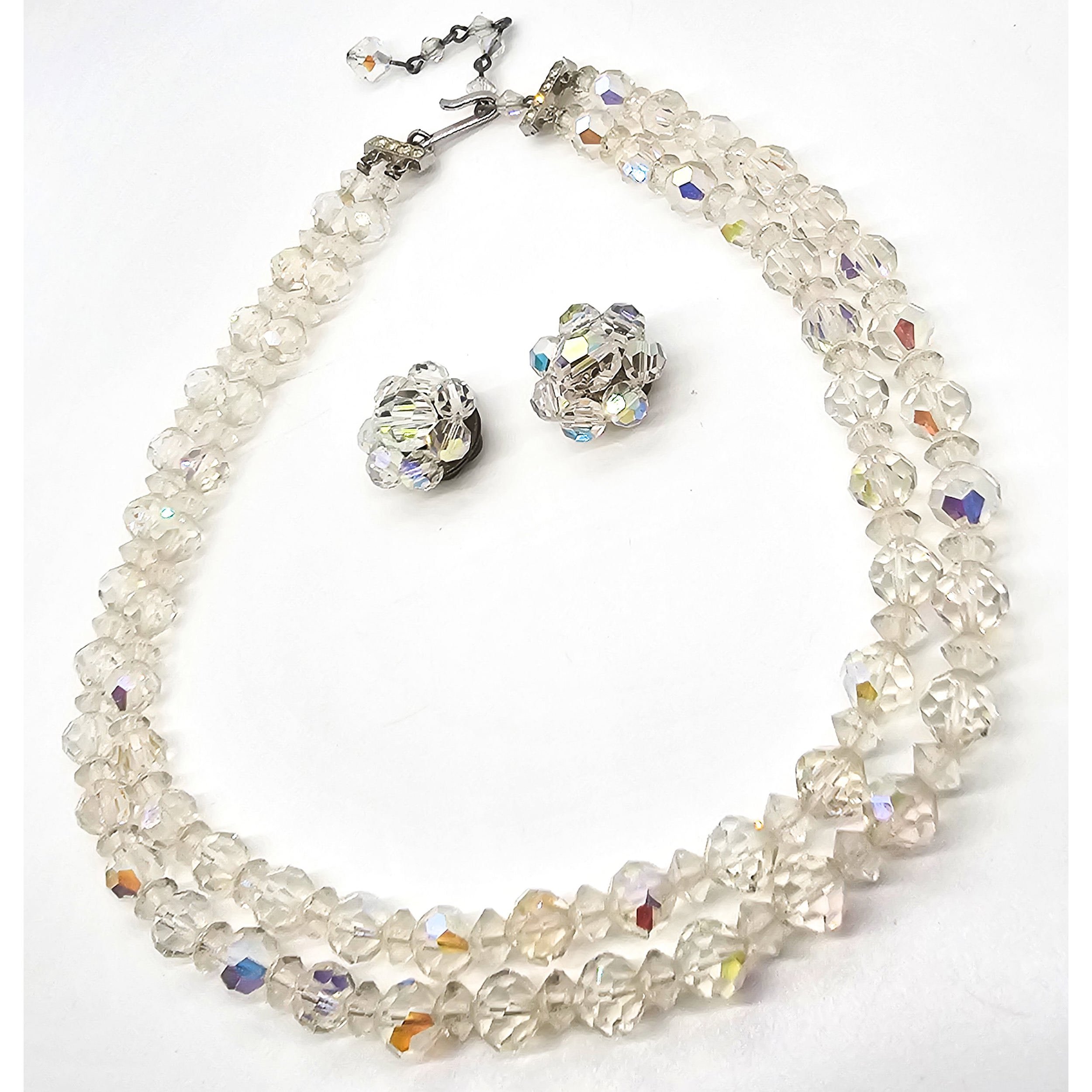 Aurora Borealis double strand aurora borealis necklace and clip earrings set