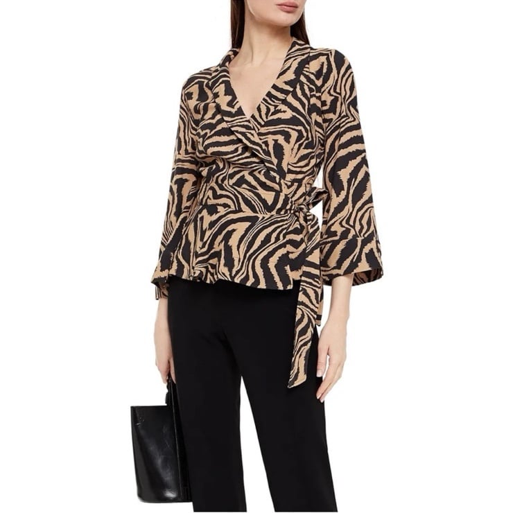 Ganni Printed Crepe Wrap Blouse Tannin Size 34