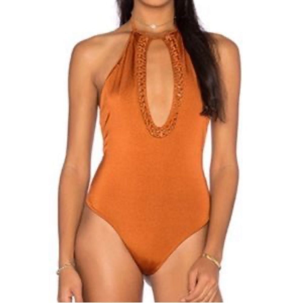Tularosa Revolve NWT Clemence Woven Keyhole Halter Bronze One Piece Swimsuit- M