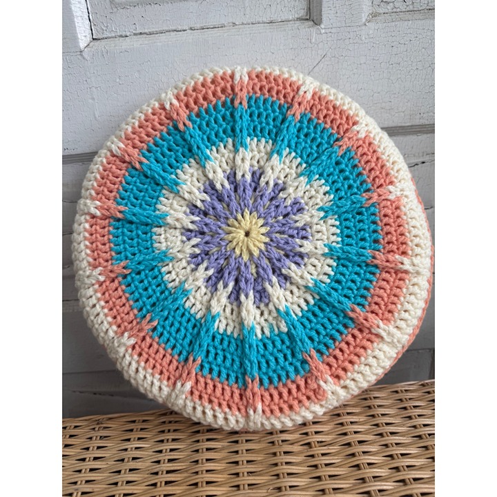 Vintage 70's Round Groovy Crochet Accent Pillow 12 Pastels