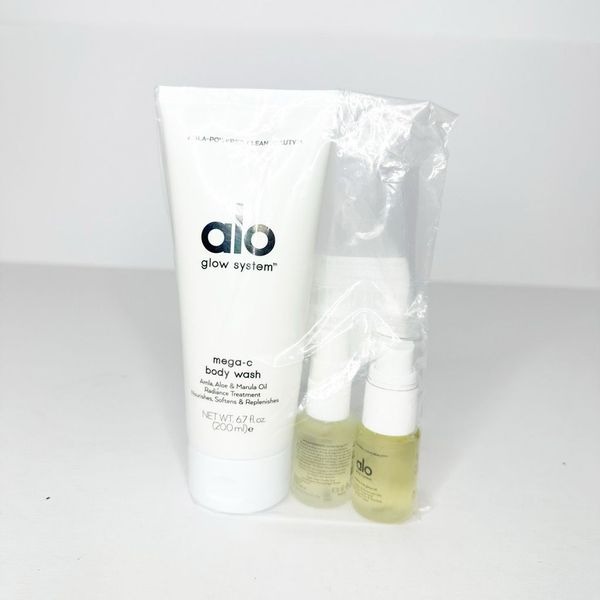ALO GLOW SYSTEM SET Mega C Body Wash 6.7oz Head To Toe Glow Oil Magnesium Reset