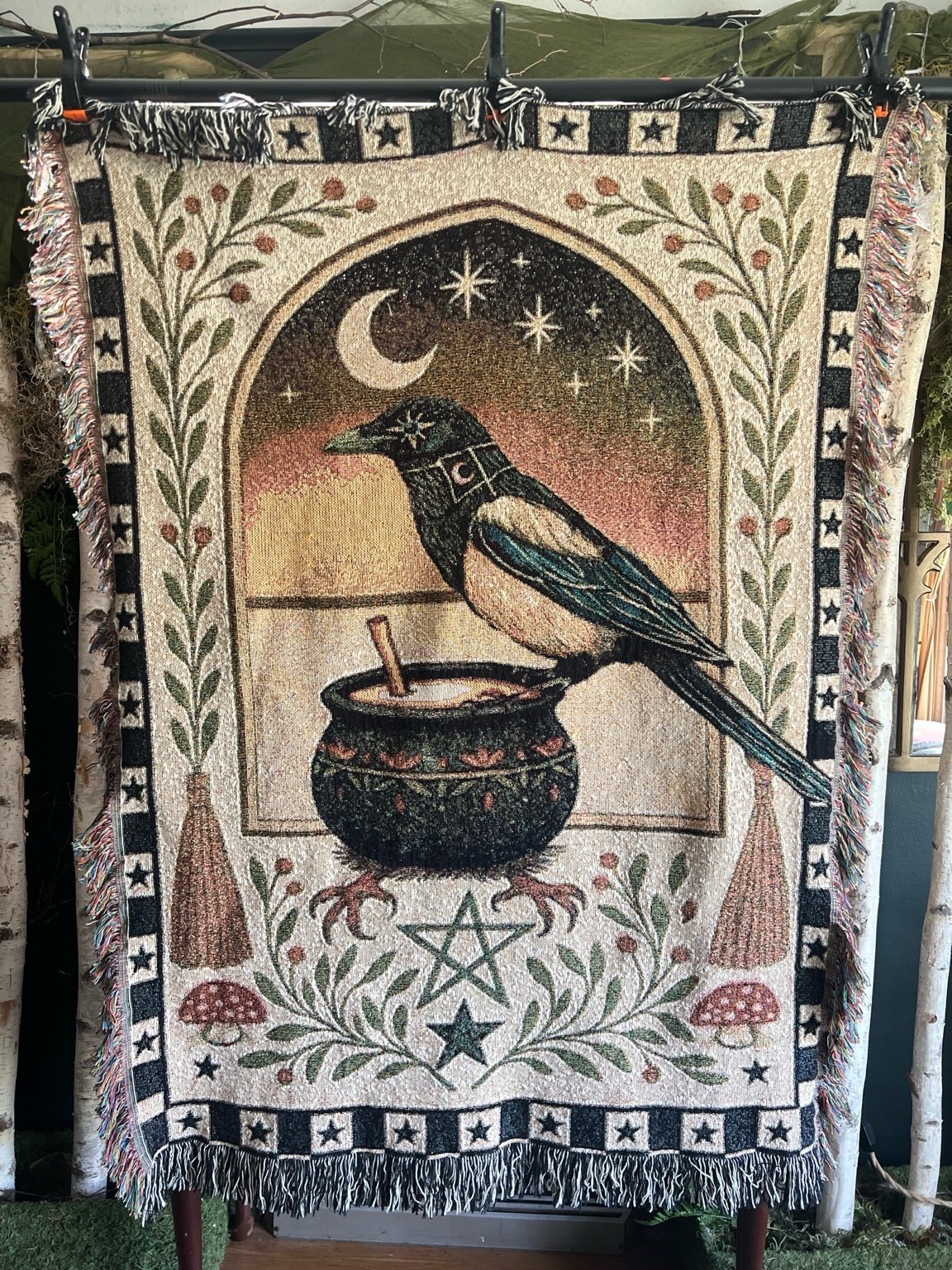 Magpie Cauldron Tapestry Blanket – Baba Yaga Gothic Folk Art Throw