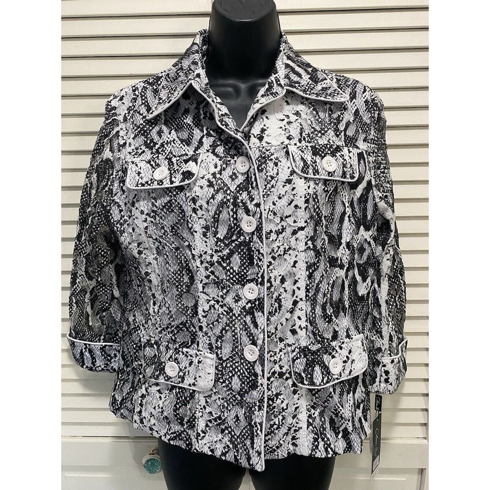 Clara S Black/White Lace Snake Print Shirt/Jacket Button Up Size M Lined