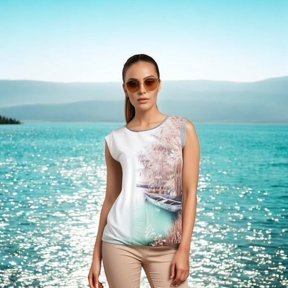 Women Top ORSAY Grey Satin Multicolored Lake Boat Print Top Short Sleeve Blouse