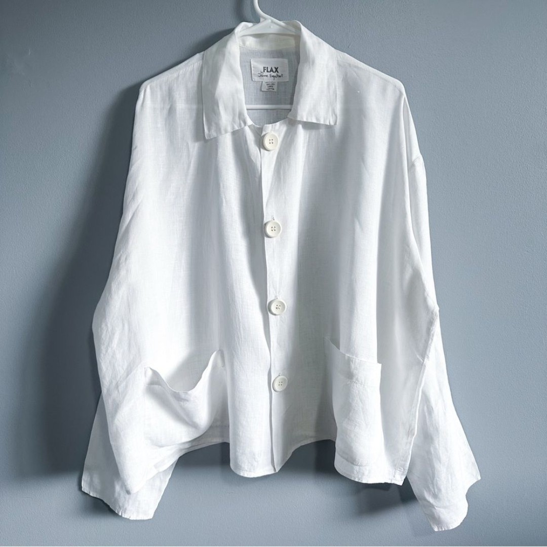 FLAX 100% Linen Oversized Linen Shirt Jacket Button Lagenlook White Large L