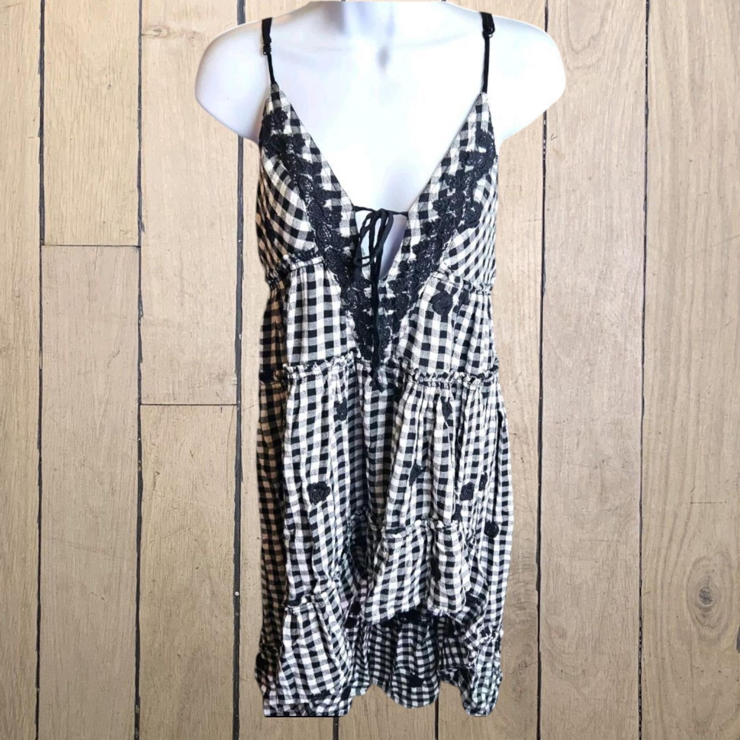 Free People Dress Shirt Womens Small Black Plaid Hi-Low Top Pullover Boho Summer