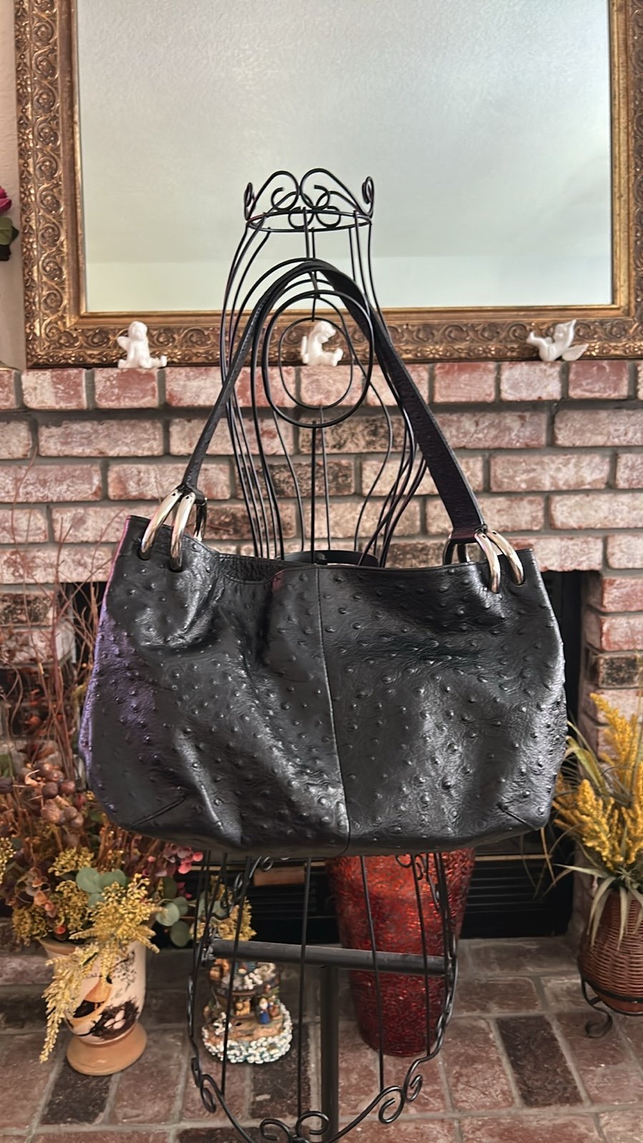 Vintage Furla Made in Italy Black ostrich Leather Shoulder Bag