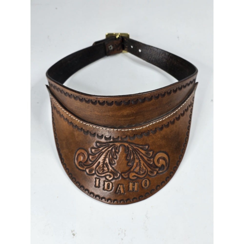 Vintage Idaho Hand Tooled Brown Leather Visor Sun Cap Adult Buckle Adjustable