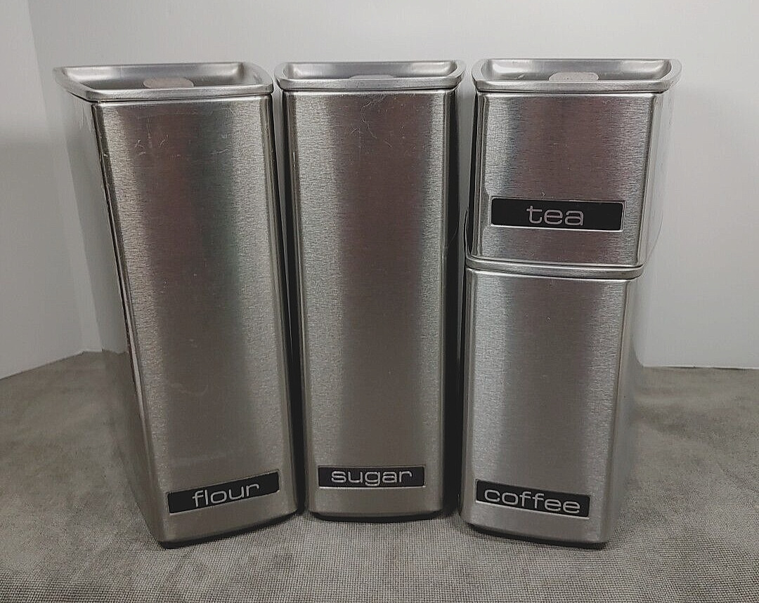 MCM Retro Lincoln Beautyware Stainless Canister Stacking 4 Pc Set Wood Handles