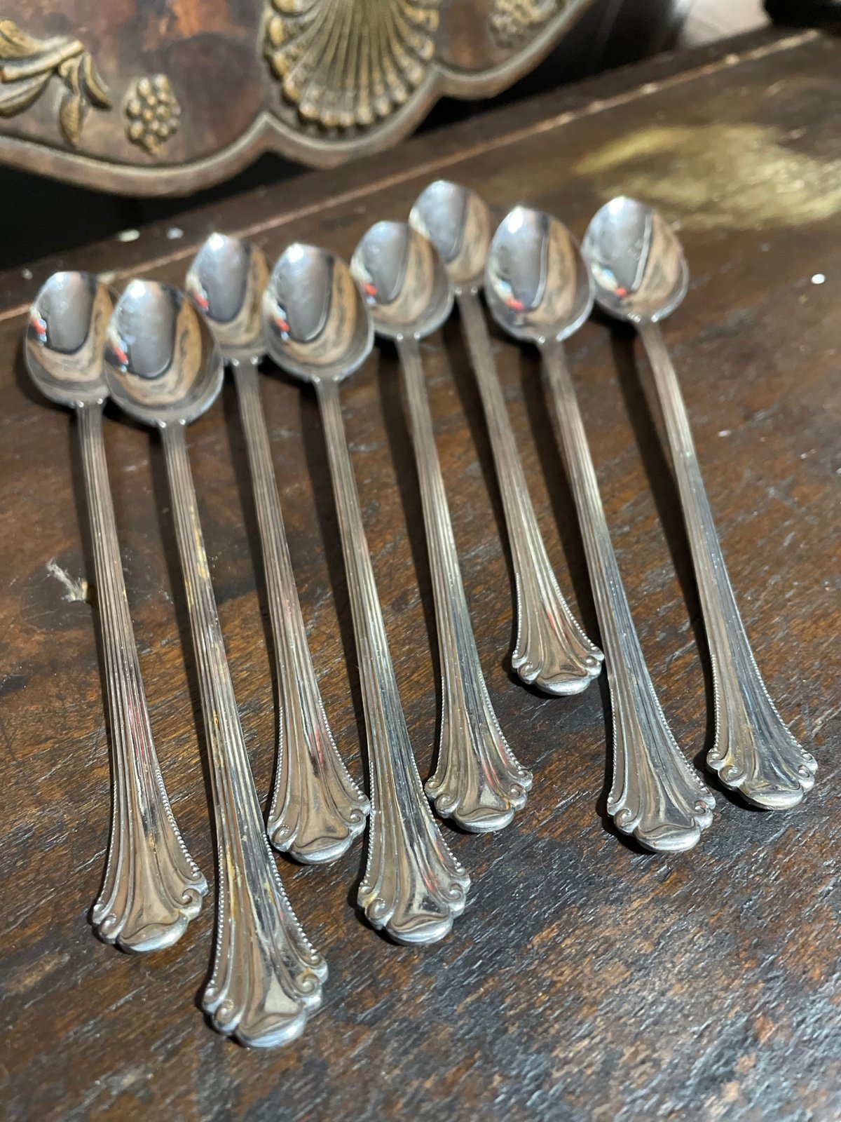 Vintage Ekco Eterna MCM silver seashell ice tea spoons Flatware Japan set of 8
