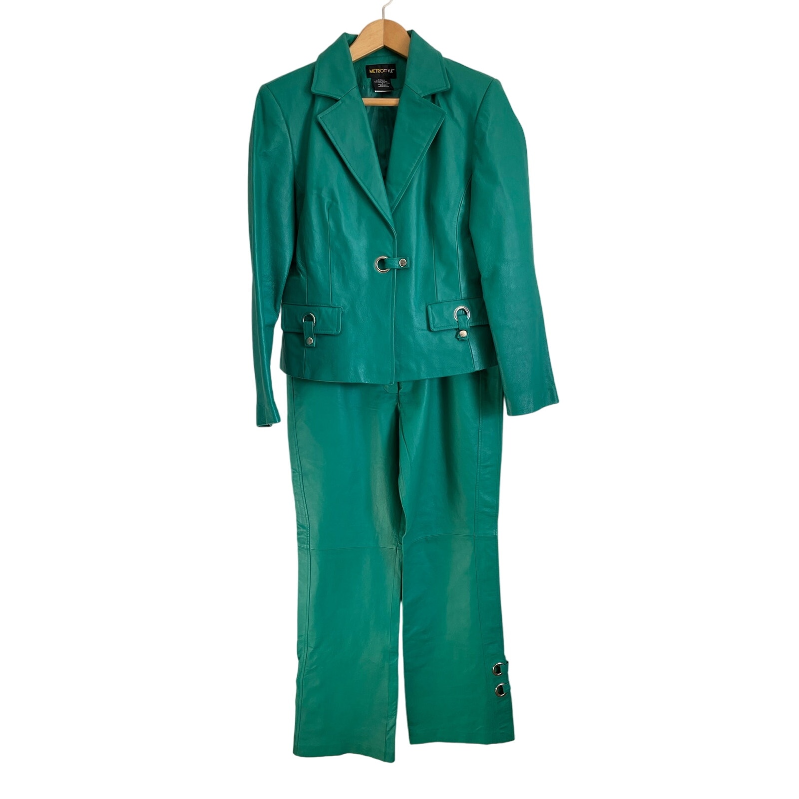 Metro Style green leather pants jacket suit set solid vintage collared lined 12