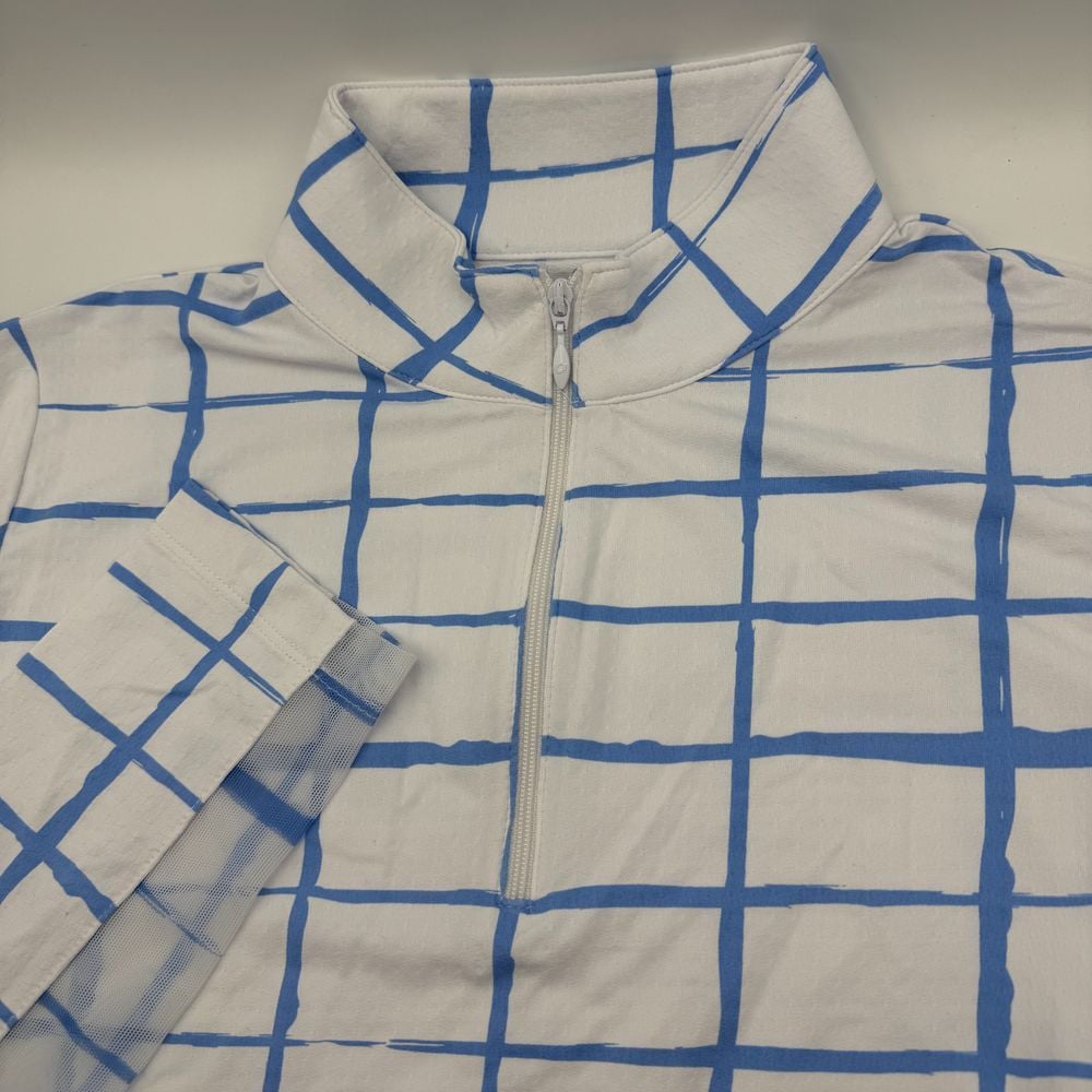 IBKUL Grid Check Mock Neck Zip Athletic Golf Top UPF 50+ Quick Dry Shirt Size M
