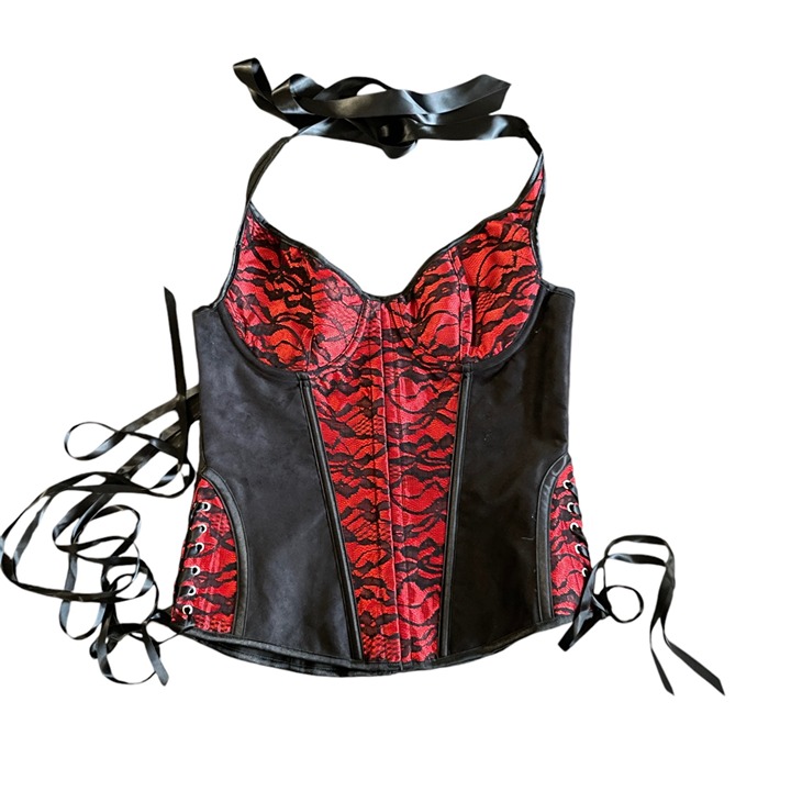Black & Red Corset Top With Lace-Up Design & Halter Straps Size XXL