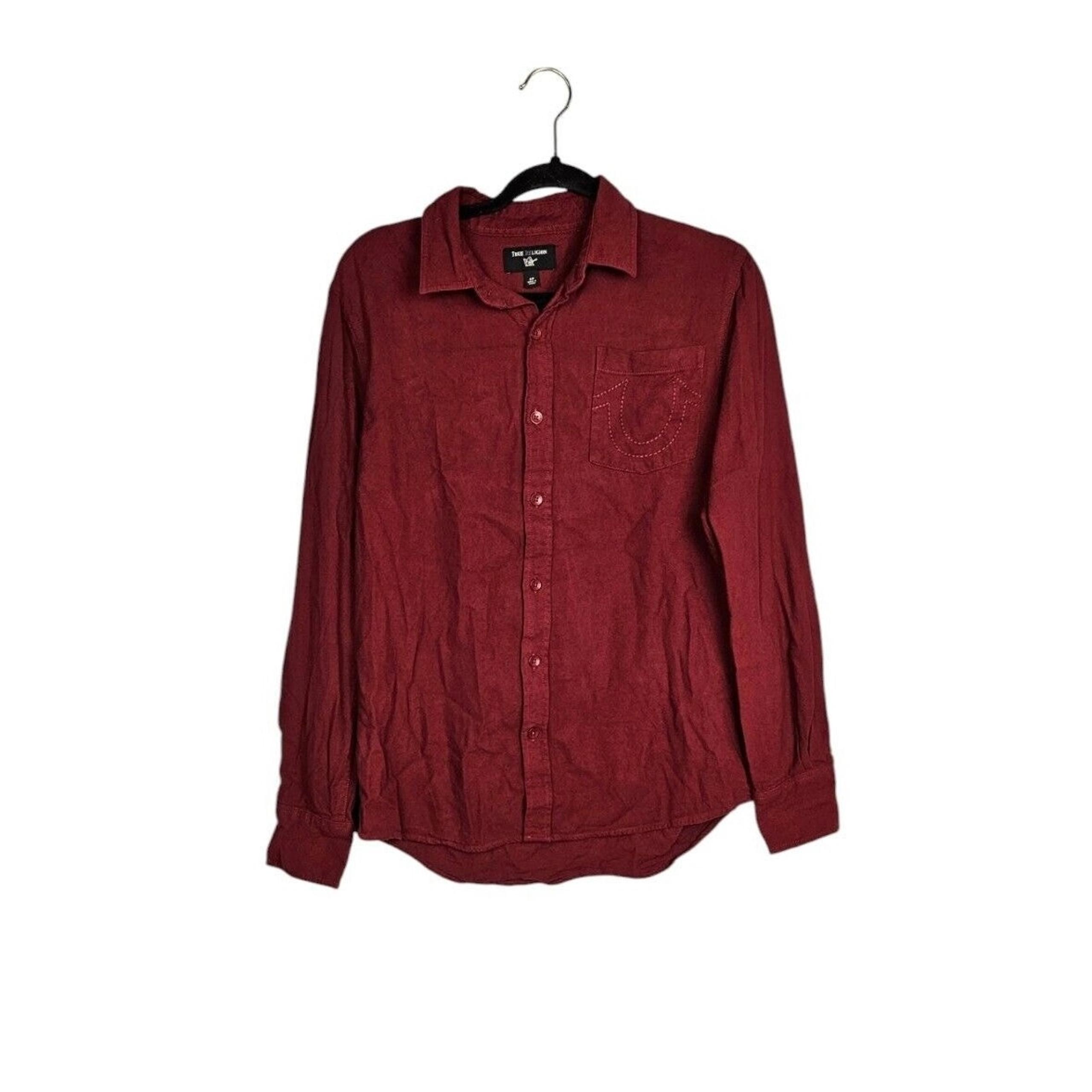 True Religion Burgundy Maroon Long Sleeve Button Down Mens Small Shirt Logo