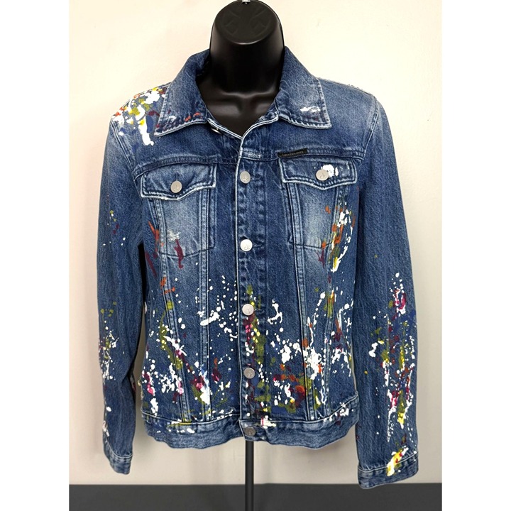 Calvin Klein Jeans Custom Splatter Paint Denim Jacket Large Italian Fabric