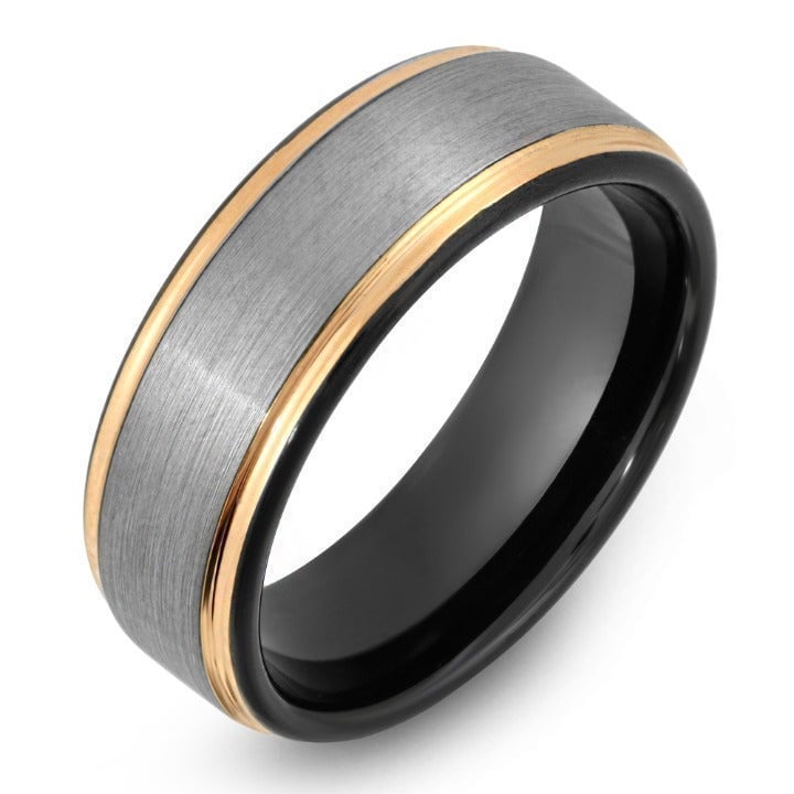 The Rembrandt Silver/Black/Rose Gold Tungsten Mens Wedding Band 8mm (SIZES 6-15)