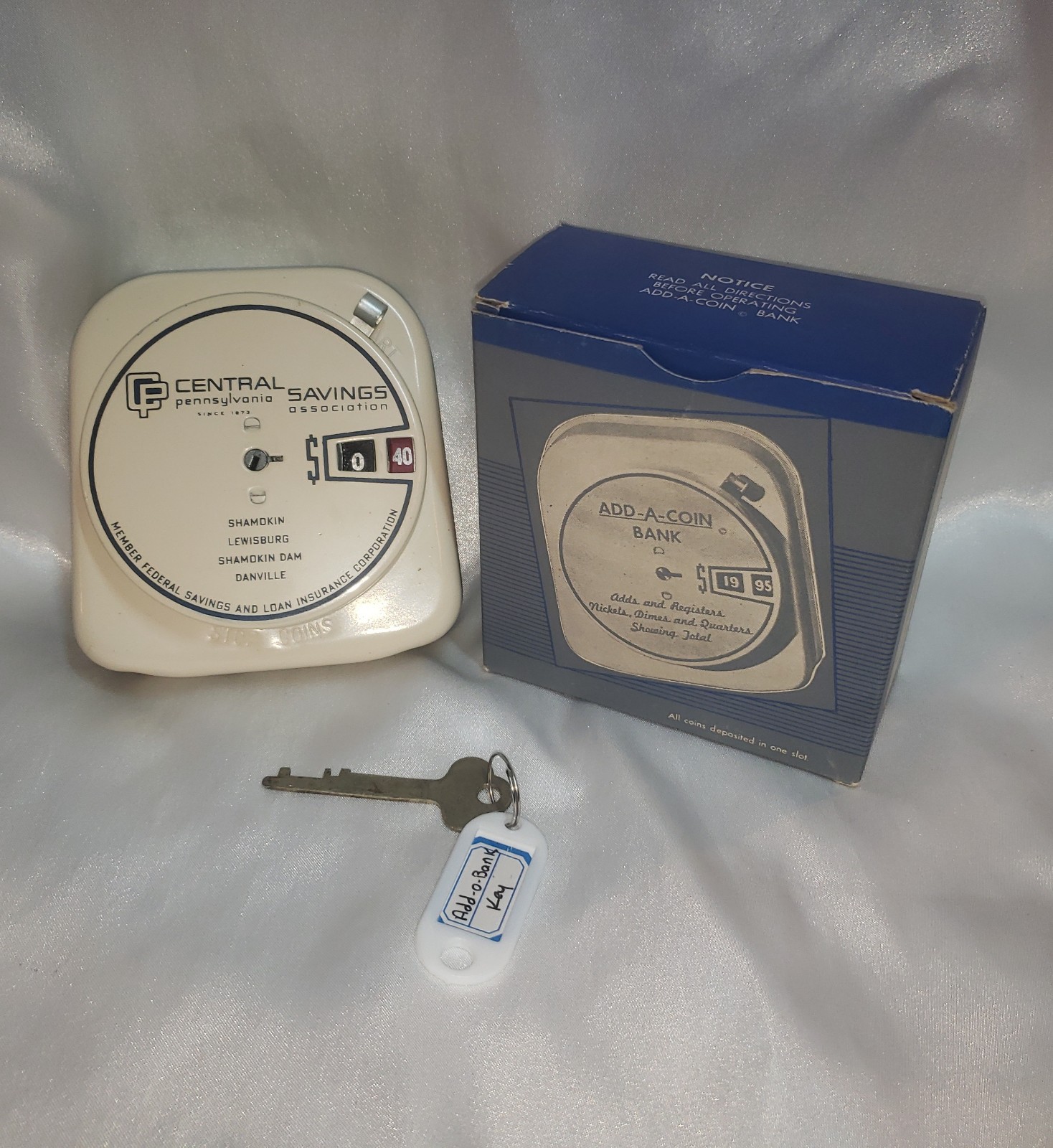 (#ADDO2)1940's Central PA Savings Metal Add a Coin Bank w/ Original Box and home